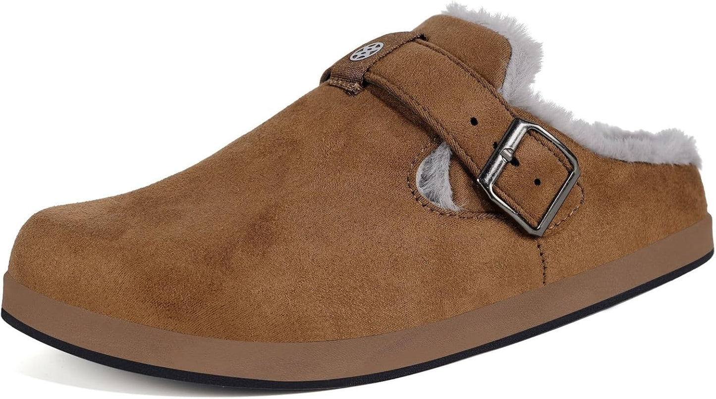 Fur Lined Clogs for Women Men Suede Winter Slippers Arch Support Slip on Mules Potato Shoes with Removable Cushion Footbed Warm Home House Shoes