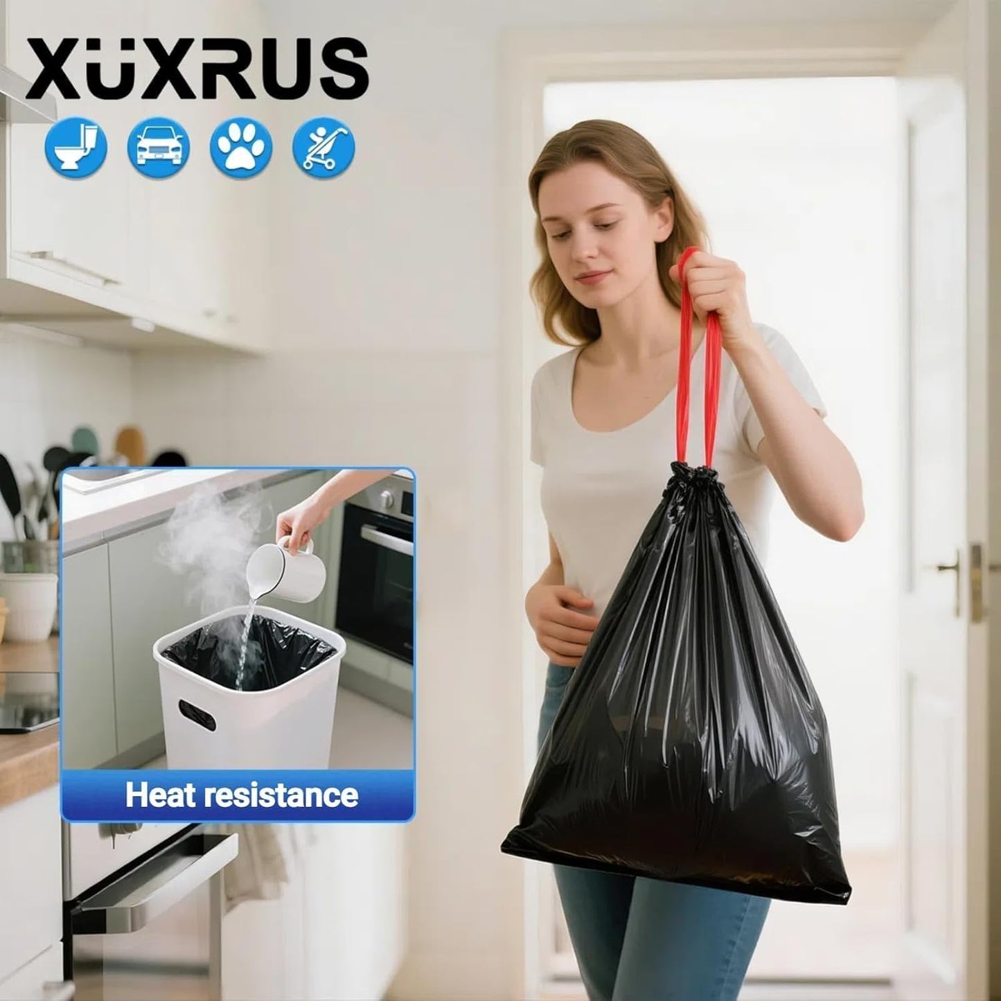 XUXRUS 2.6-3 Gallon Black Bathroom Drawstring Trash Bags - 60 Count Folded Small Garbage Bags, Tear-Resistant & Leak-Proof, Odor Control Liners for Bathroom, Kitchen, Office – Heavy Duty Trash Bags