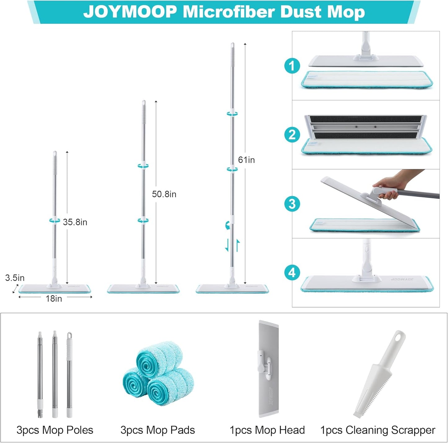 JOYMOOP 18 Inch Dust Mop for Hardwood Floors, Heavy Duty Industrial Wet Dry Mops with Telescopic Handle, Includes 3 Microfiber Mop Pads
