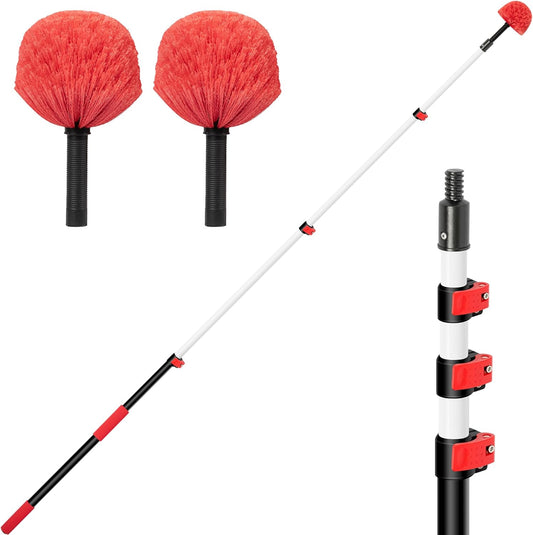 5-12 FT Cobweb Duster with Extension Pole, 20 FT High Reach Spider Web Brush with Telescopic Pole, Extendable Duster with 2 Outdoor Cobweb Brushes, Duster for High Ceiling