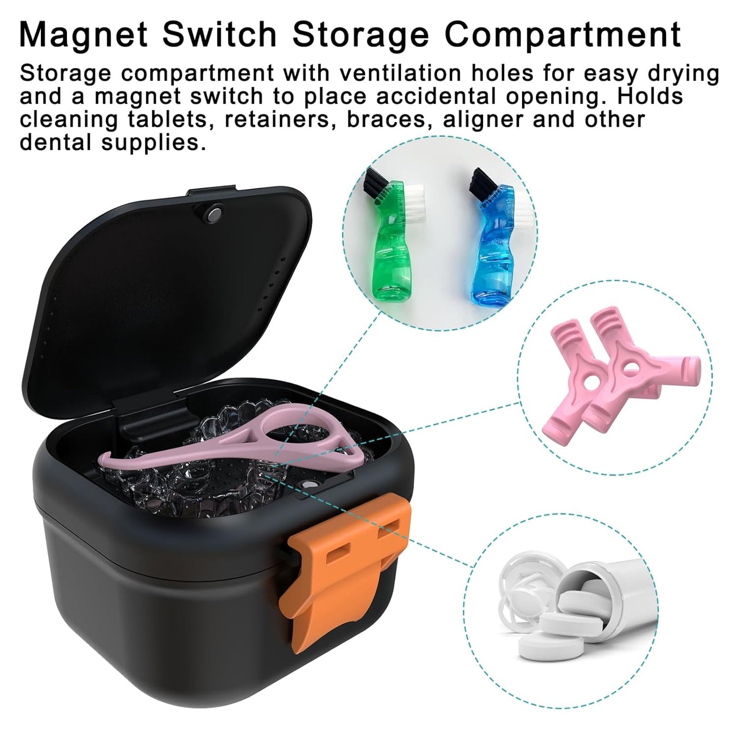 ARGOMAX Leak Proof Denture Bath Cup, Portable Soaking Denture Box, Denture Bath Case with Strainer, for Dentures and Braces, Upgraded Version with Storage Compartment (Black + Orange).