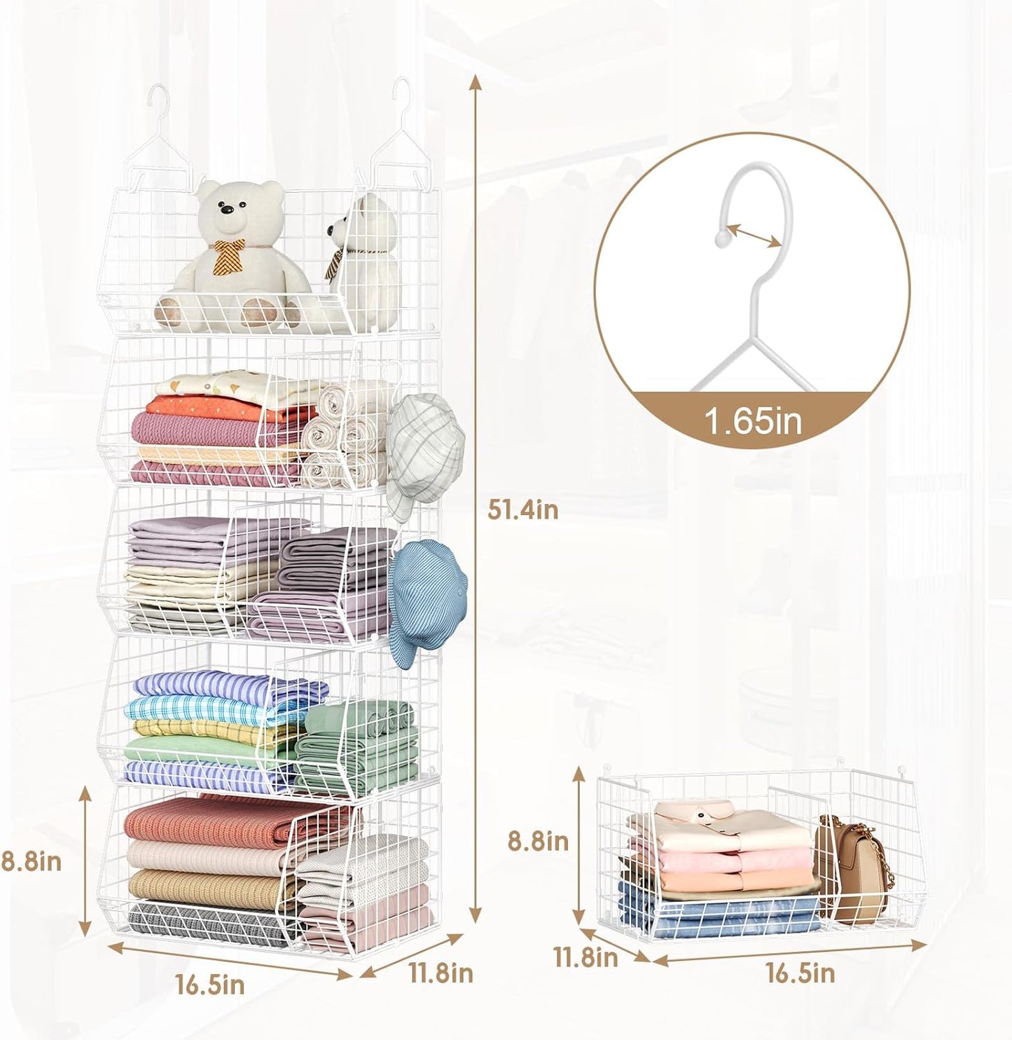 5 Tier Extra Large Closet Hanging Shelves with Divider,2 Pair Hook,16.5"L x 11.8"W x 51.4"H Closets Organizers and Storage,Clothes Organizer Clothing Sweaters Shoes Handbags Clutches Accessories-White