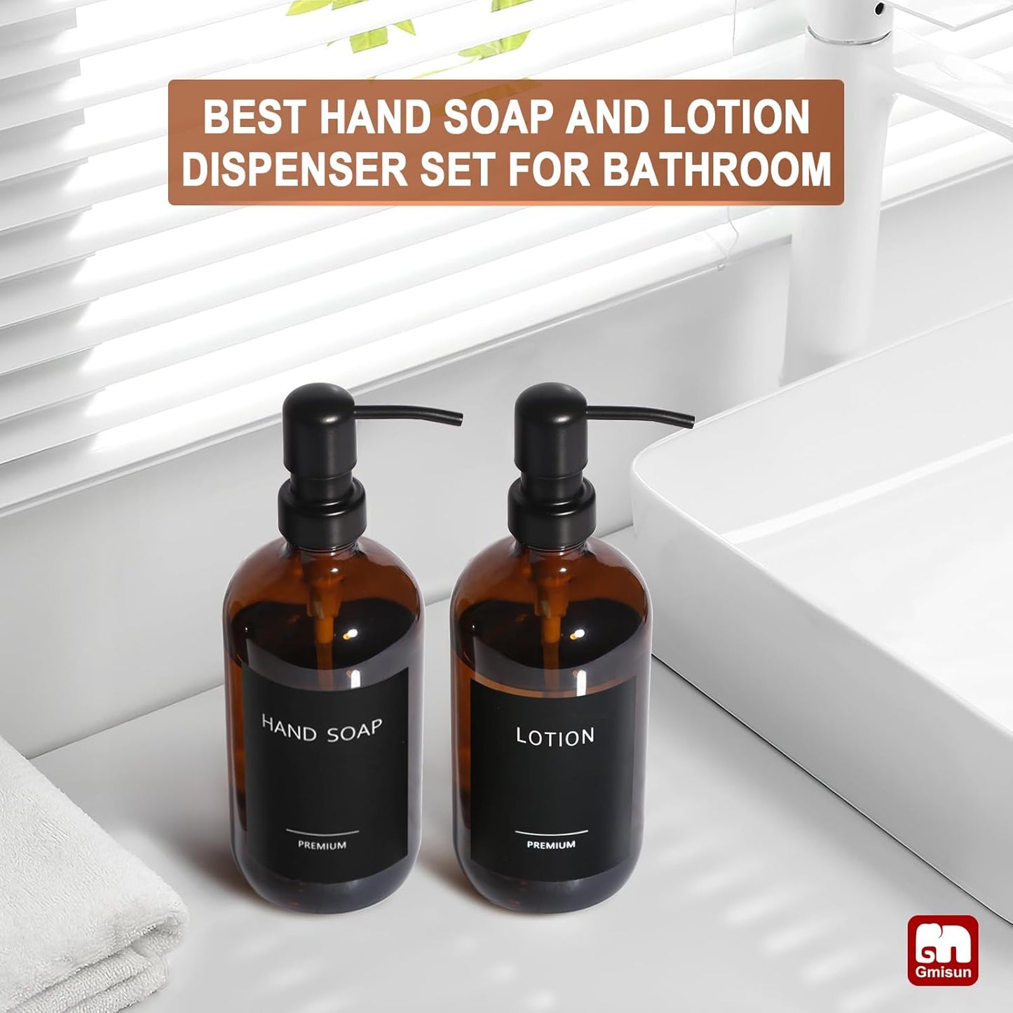 GMISUN Amber Glass Soap Dispenser, 2 Pack Bathroom Hand Soap Dispensers with Stainless Steel Pump, 17 Fl Oz Kitchen Hand and Dish Soap Dispenser Set, Modern Vintage Liquid Brown Soap Dispensers Bottle