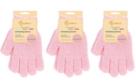 Evridwear Exfoliating Gloves for Shower, 100% Nylon Thick Soft Medium Heavy Bathing Gloves Dead Skin Remover Body Scrubber Smooth Skin with Hang Loop, 3 Pairs Moderate Pink