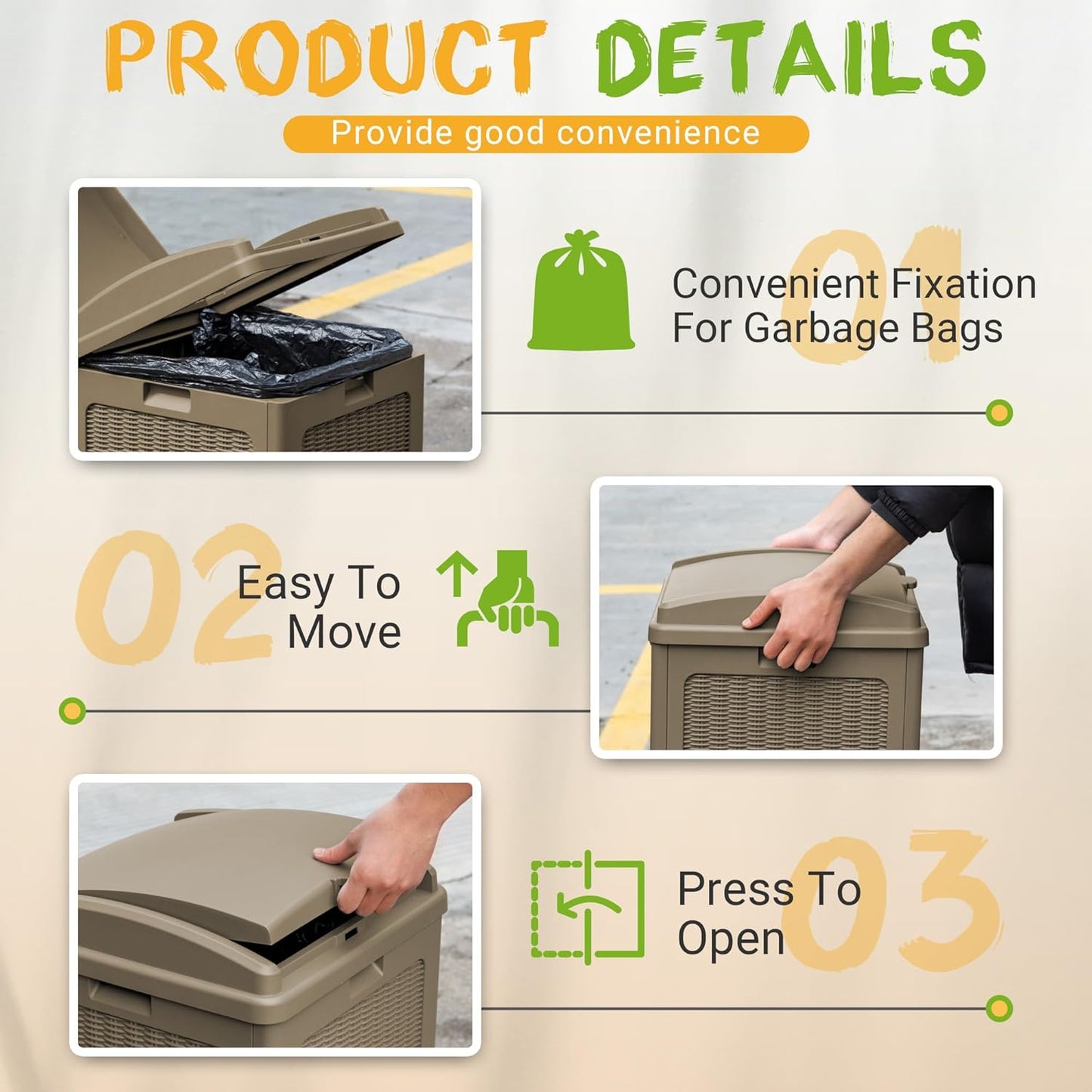 YESHOMY 33 Gallon Resin Outdoor Trash Can with Lid, Hideaway Waterproof Patio Garbage Bin, Coffee