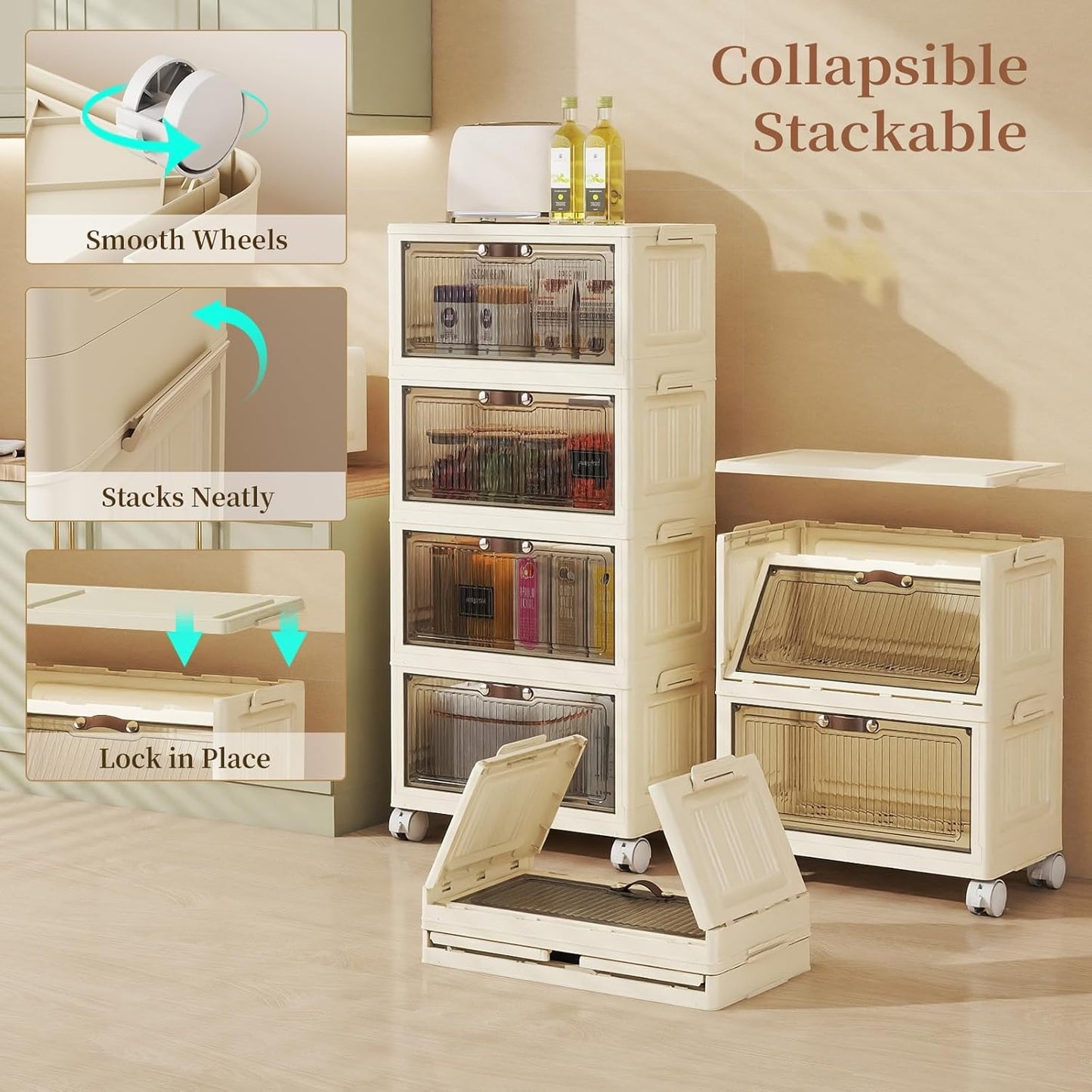 5 Tier - 48QT Storage Bins with Lids, Collapsible Storage Bins with Doors and Wheels, Plastic Storage Cabinet for Easy Storage and Organization for Living Room, Office