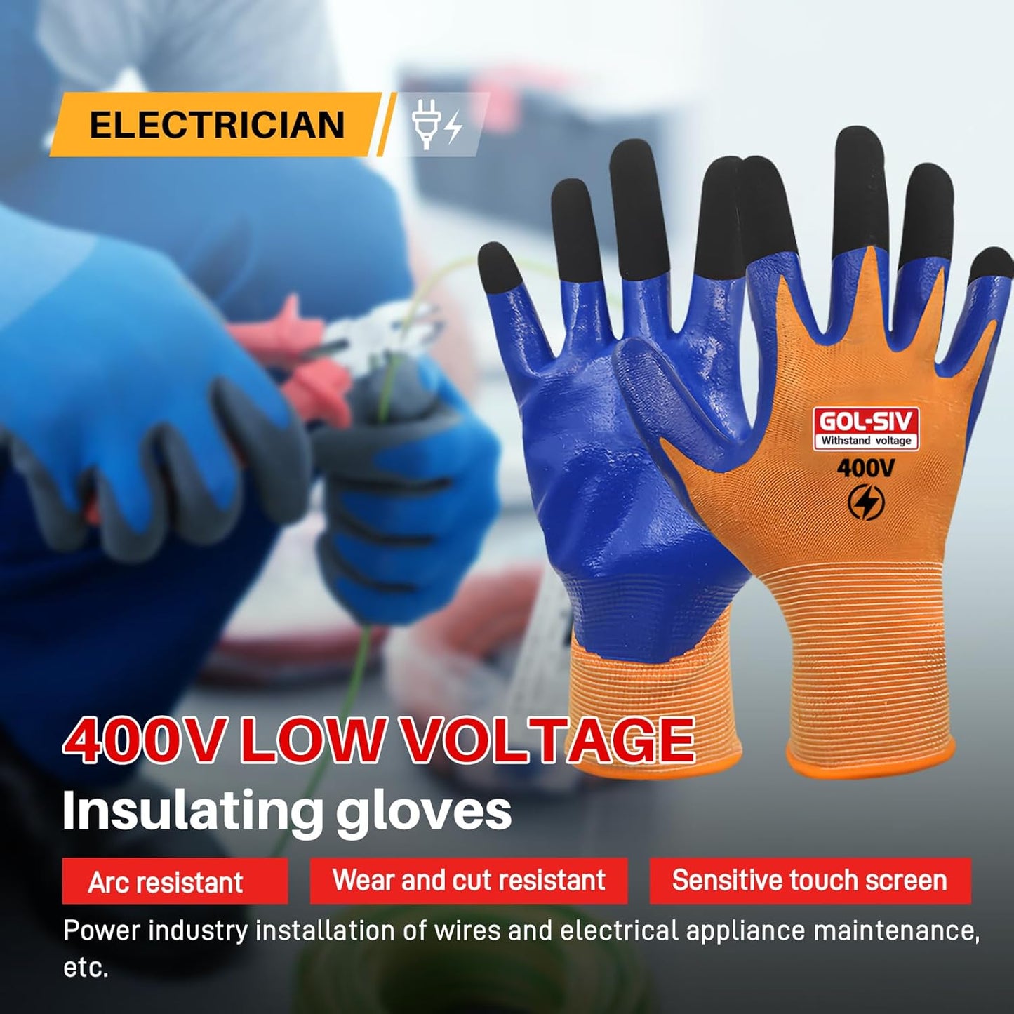 Electrical Gloves For Men - 400V Low Voltage Insulated Electrician Safety Gloves,Flame Retardant,Arc Resistant,Anti Slip Rubber Work Gloves(Large)