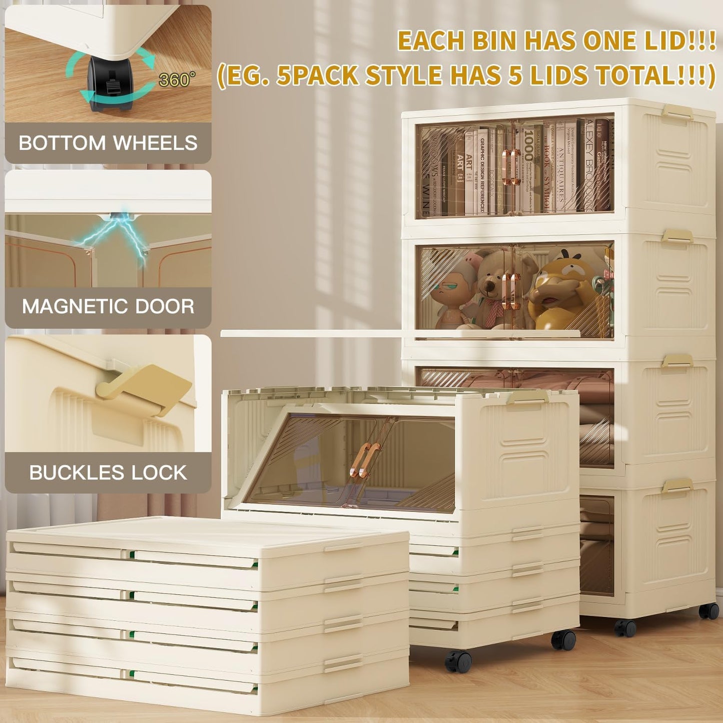 Storage Bins with 5 Lids, 92Qt Extra Large Collapsible Storage Bin with Golden Handles, 5 Packs Stackable Storage Bins with Wheels,Closet Organizers and Storage for Home, Office, Dorms