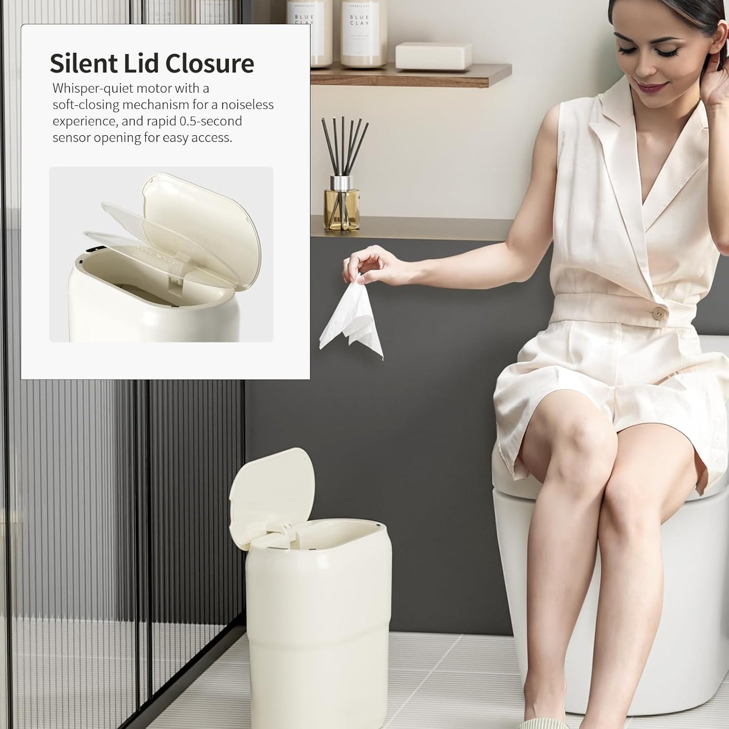 Slim Motion Sensor Trash Can for Bathroom, Automatic Compact Touchless Garbage Bin with Lid, 2.4 Gallon Small Electric Waste Basket for Narrow Apartment Dorm Office, Kitchen, Bedroom, Cream White