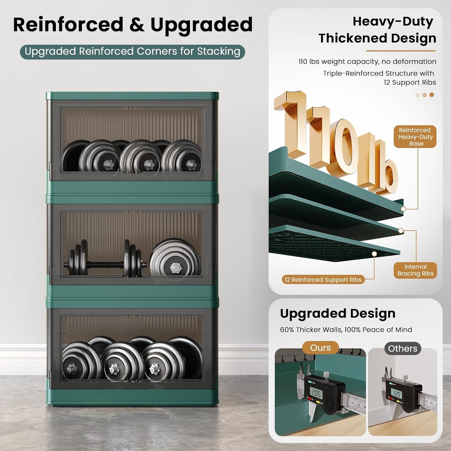 8.4Gal Collapsible Storage Bins with Lids & Wheels - 3 Pack Stackable with Doors, Heavy-Duty Plastic Containers for Home/Office, Green