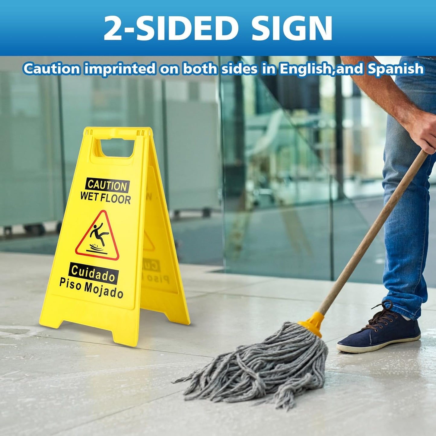3-Pack Caution Wet Floor Sign,17.5" Height,Bright Yellow Double-Sided Folding A-Shaped Frame Design, Bilingual Caution Message