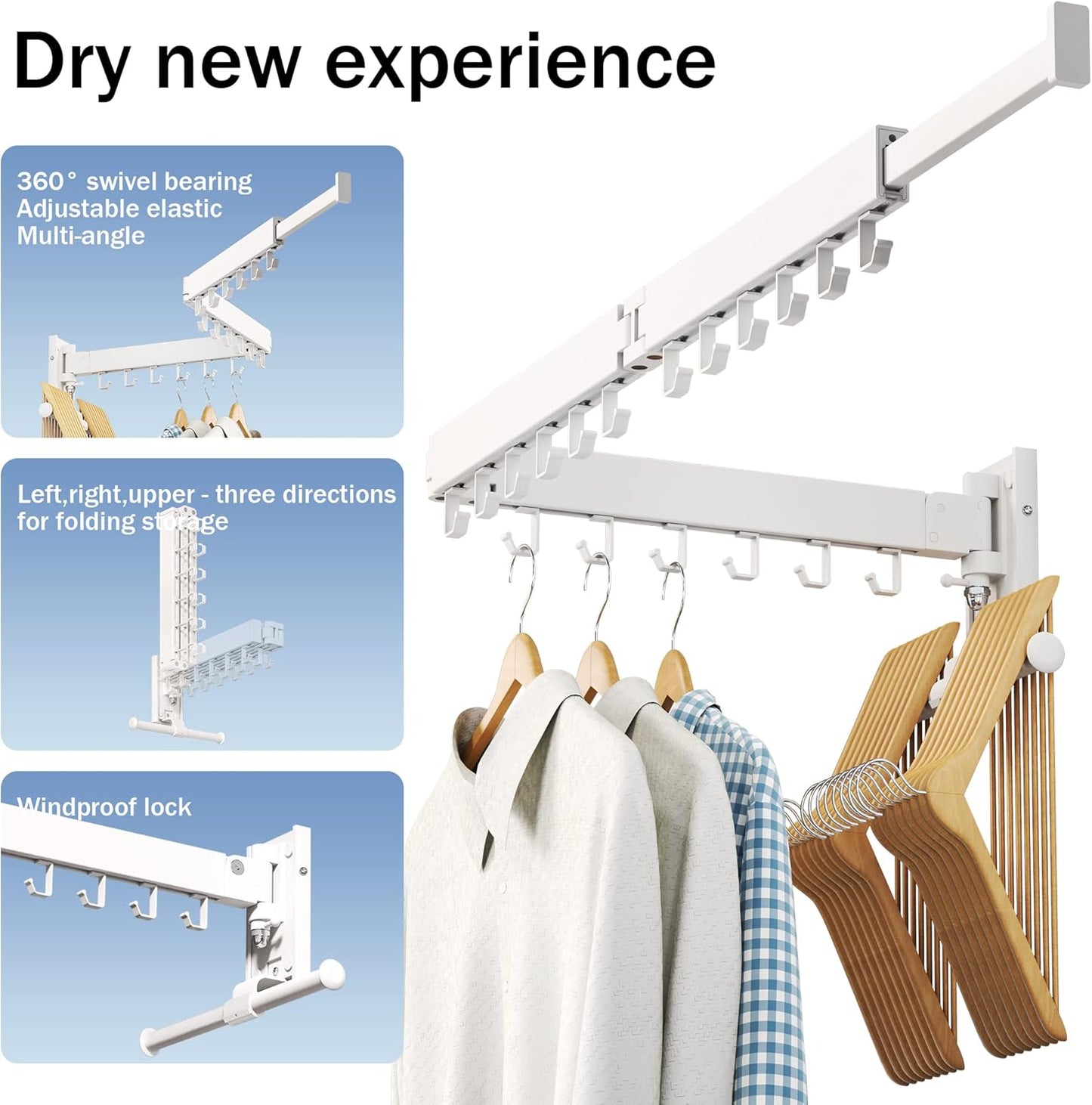 Drying Rack, Wall Mounted Clothes Rack, Aluminum, 220lbs Capacity, Foldable, White