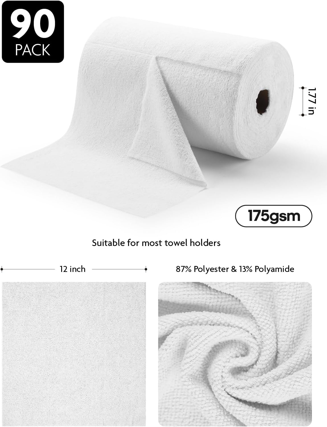 Fantasticlean Microfiber Cleaning Cloth Roll -90 Pack, Tear Away Microfiber Towels, 12" x 12", Reusable, Washable, Scratch Free, Ultra Absorbent Dishcloth for Car, Home Supplies, Pet, Kitchen (White)