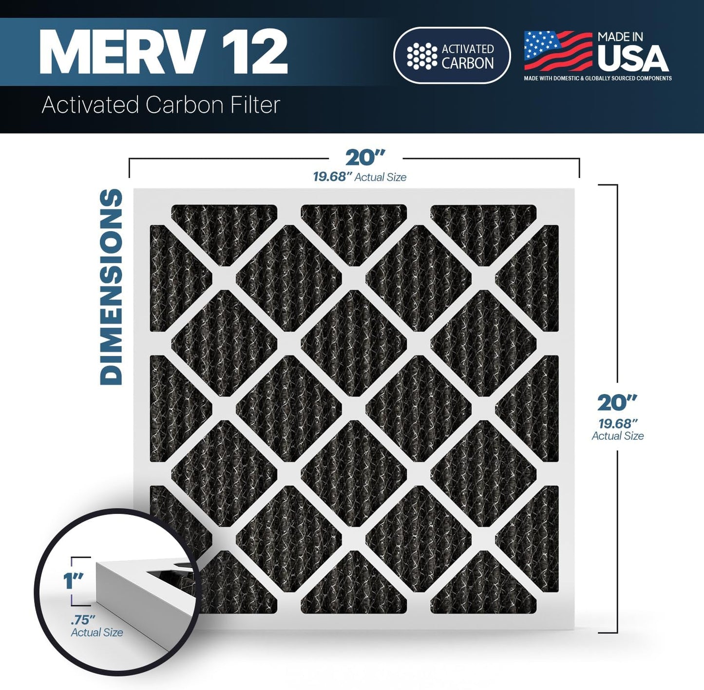 BNX TruFilter 20x20x1 MERV 12 Odor Defense (2-Pack) AC Furnace Air Filter with Activated Carbon - MADE IN USA - Pleated Air Conditioner HVAC AC Furnace Filters - Removes Odor, Mold, Bacteria, Smoke