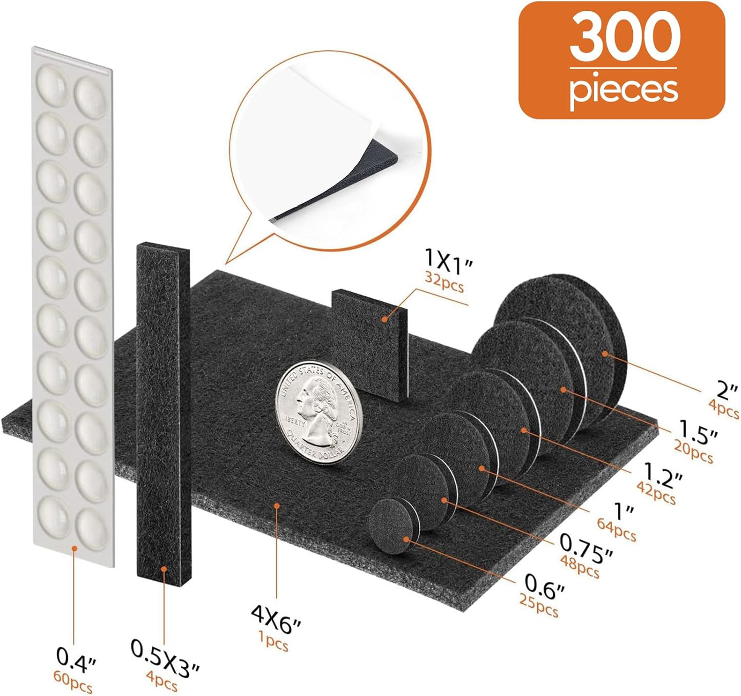 Furniture Pads 300 Pieces Felt Furniture Pads Premium Huge Pack, BAIPOK Self Adhesive Anti Scratch Floor Protectors for Desk Chair Legs and 60 Rubber Bumpers for Hardwood Tile Floor