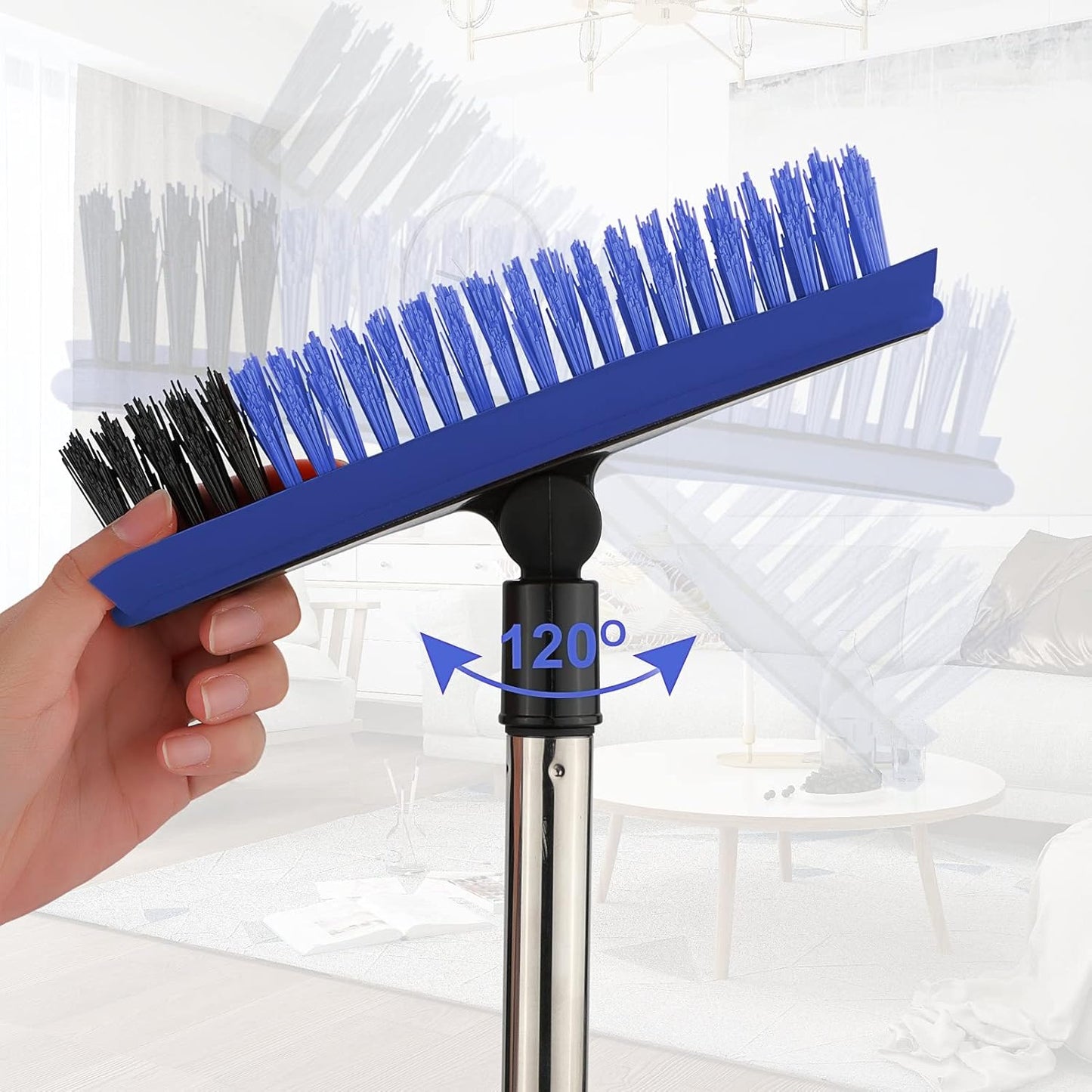 2 in 1 Floor Scrub Brush Grout Brush with 57.8" Long Handle,120°Rotatable Shower Tile Grout Scrubber,V-Shaped Corner Brush for Hard to Reach Areas (Blue)