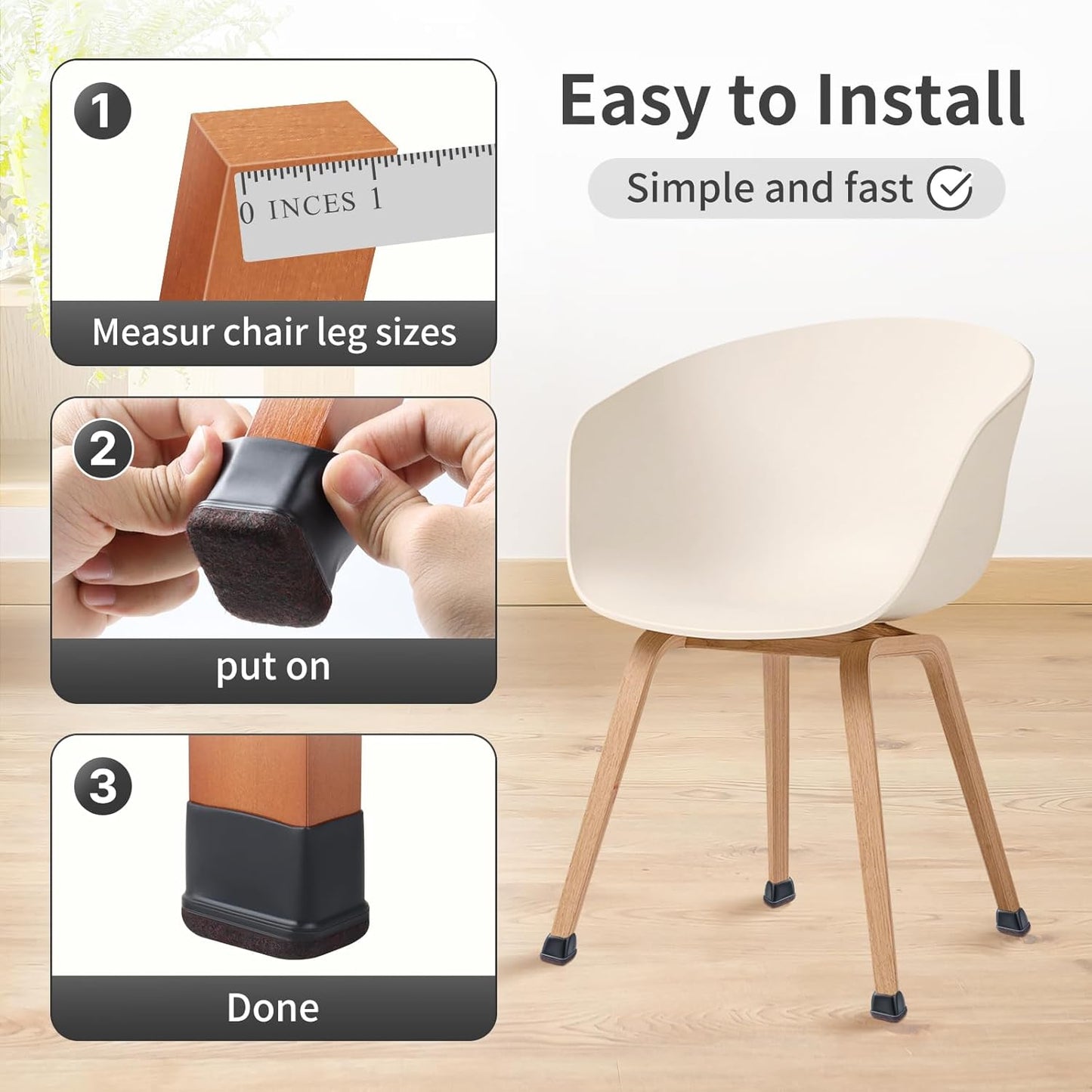 Ezprotekt 24 Pcs Rectangle Felt Chair Leg Floor Protectors for Hardwood Floors, Rectangle Silicone Furniture Pads Caps Covers for Chair Desk Table (Fit W :0.6-0.8", L: 0.9-1.3", Black)