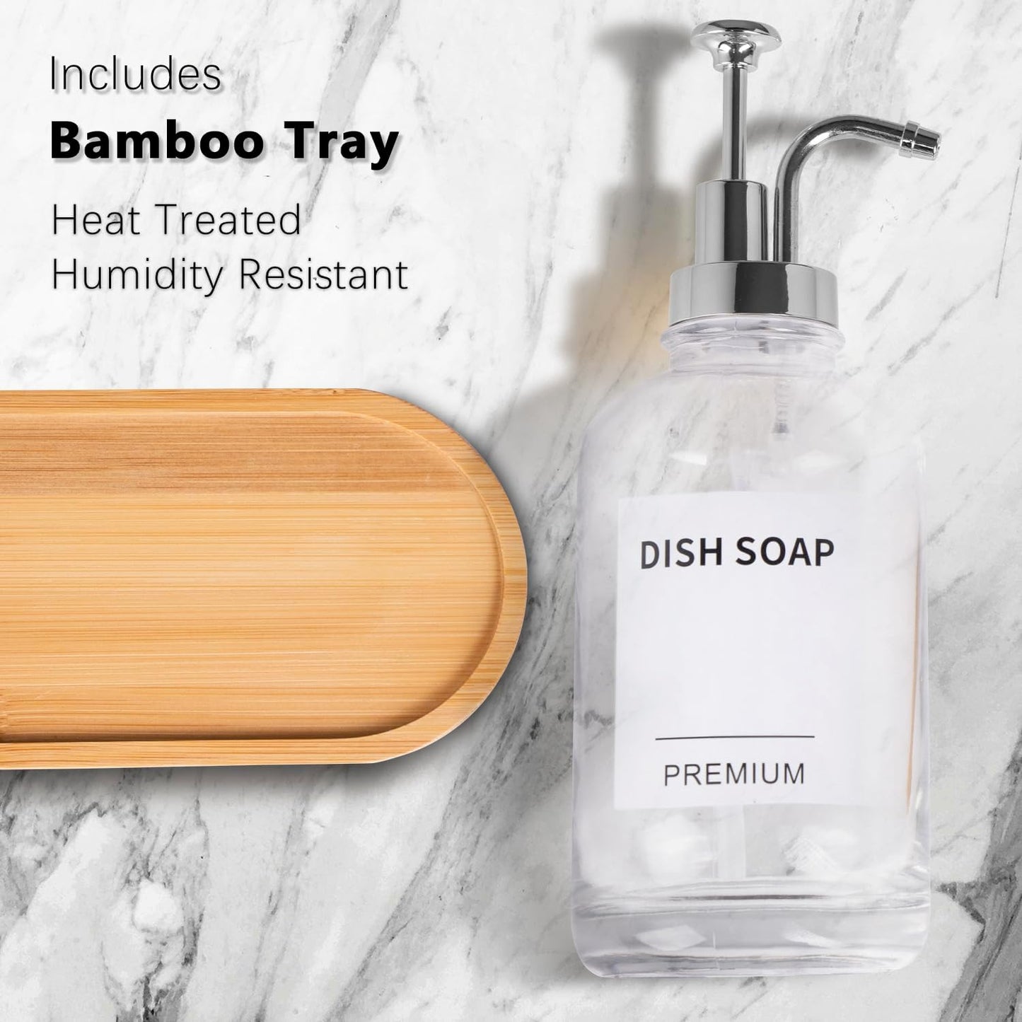 Dish Soap Dispenser for Kitchen, Hand Glass Soap Dispenser Set with Pump, Tray, Funnel for Bathroom, Shower, Laundry, Liquid, Lotion (Silver 2 Pack 18 Oz Clear Bottles with 12 Stickers)