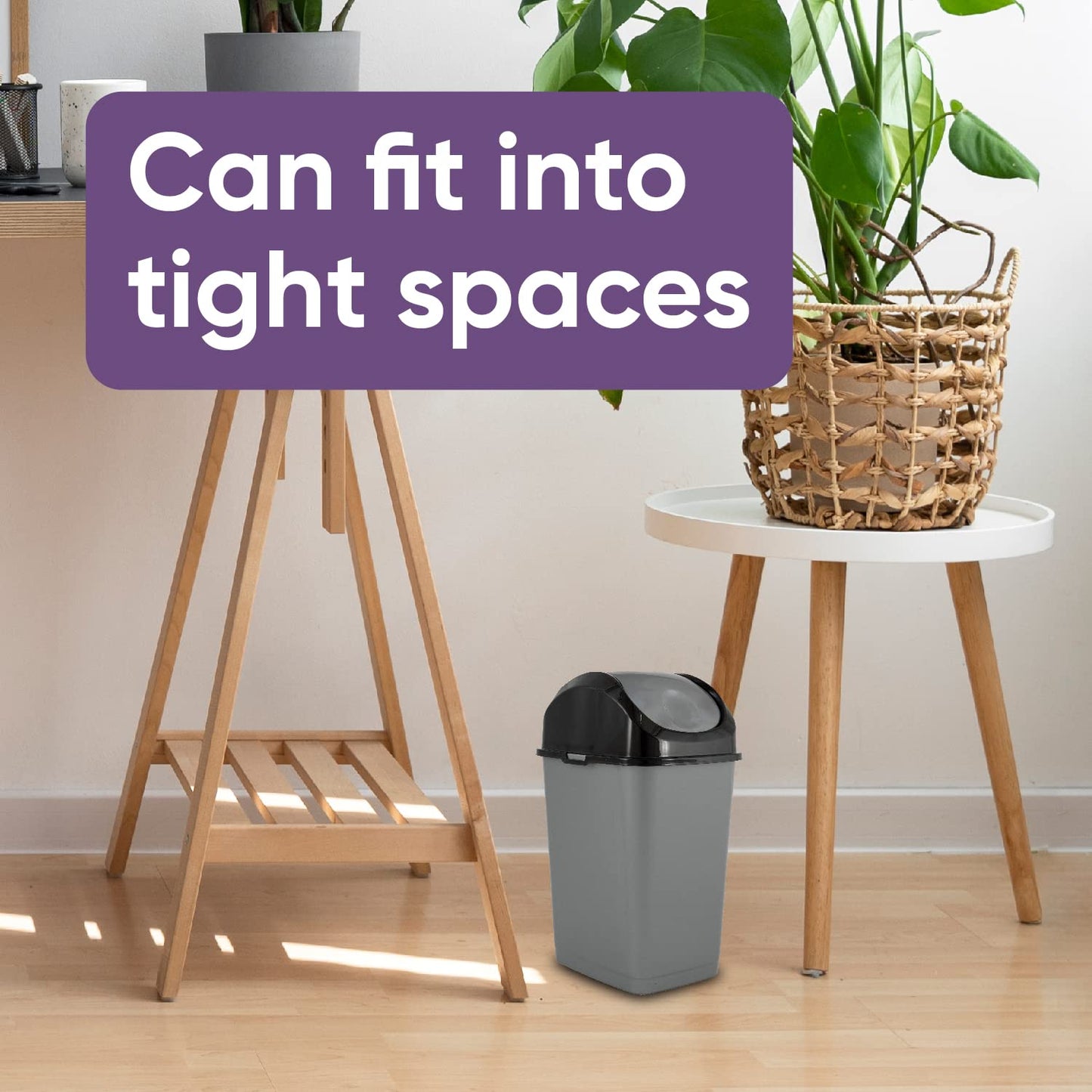 Superio Mini Plastic Trash Can with Swing Top Lid 1.25 Gallon Compact Small Waste Bin Portable Garbage Can for Countertop, Desktop, Make up Vanity, Bathroom, Car, Under Sink, Dorm 5 Qt (Grey/Black, 2)