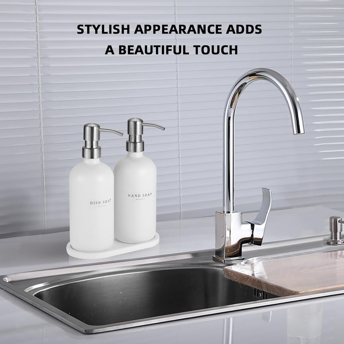 Glass Soap Dispenser - Dish Soap Dispenser for Kitchen and Hand Soap Dispenser Set, Bathroom Soap Dispenser with 304 Rust Proof Pump, Soap Dispenser for Kitchen with Tray, White Bottle/Silver Pump