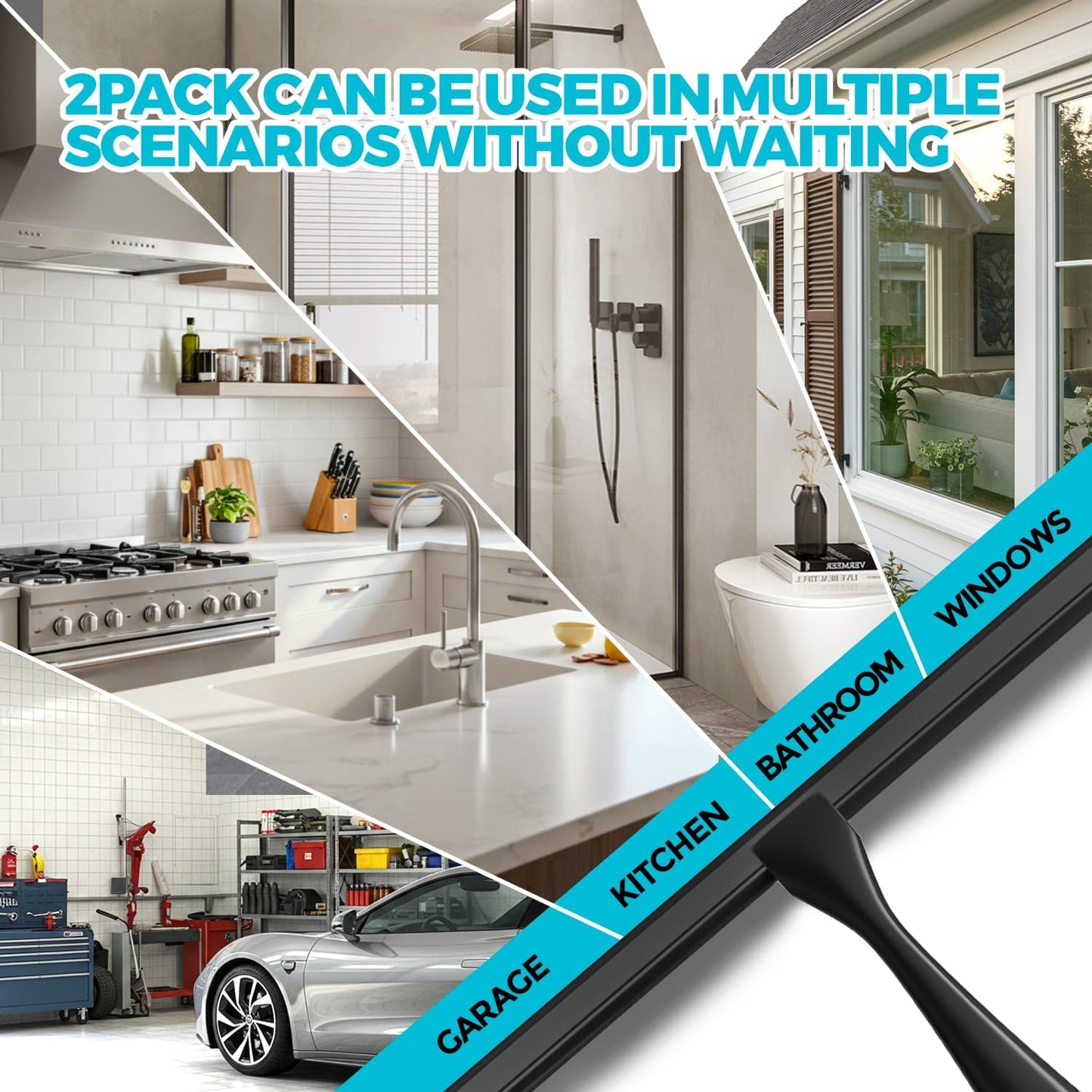 2PACK All-Purpose Shower Squeegee for Shower Doors, Tile Shower Walls, Bathroom, Window, Glass and Car Windshield, Mirrors and Kitchen-Stainless Steel, 10 Inches, Black