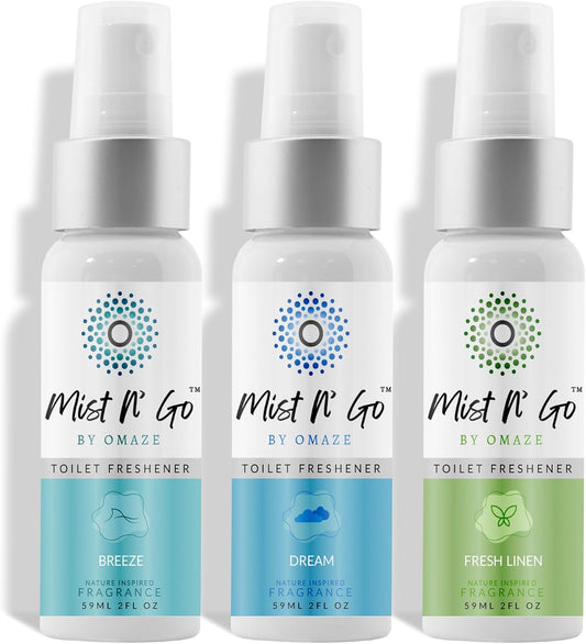 Mist N' Go by Omaze Travel Toilet Odor Eliminator - Toilet Spray for Bathroom Air Freshener - Clean Mix, Regular Size (2oz x3)