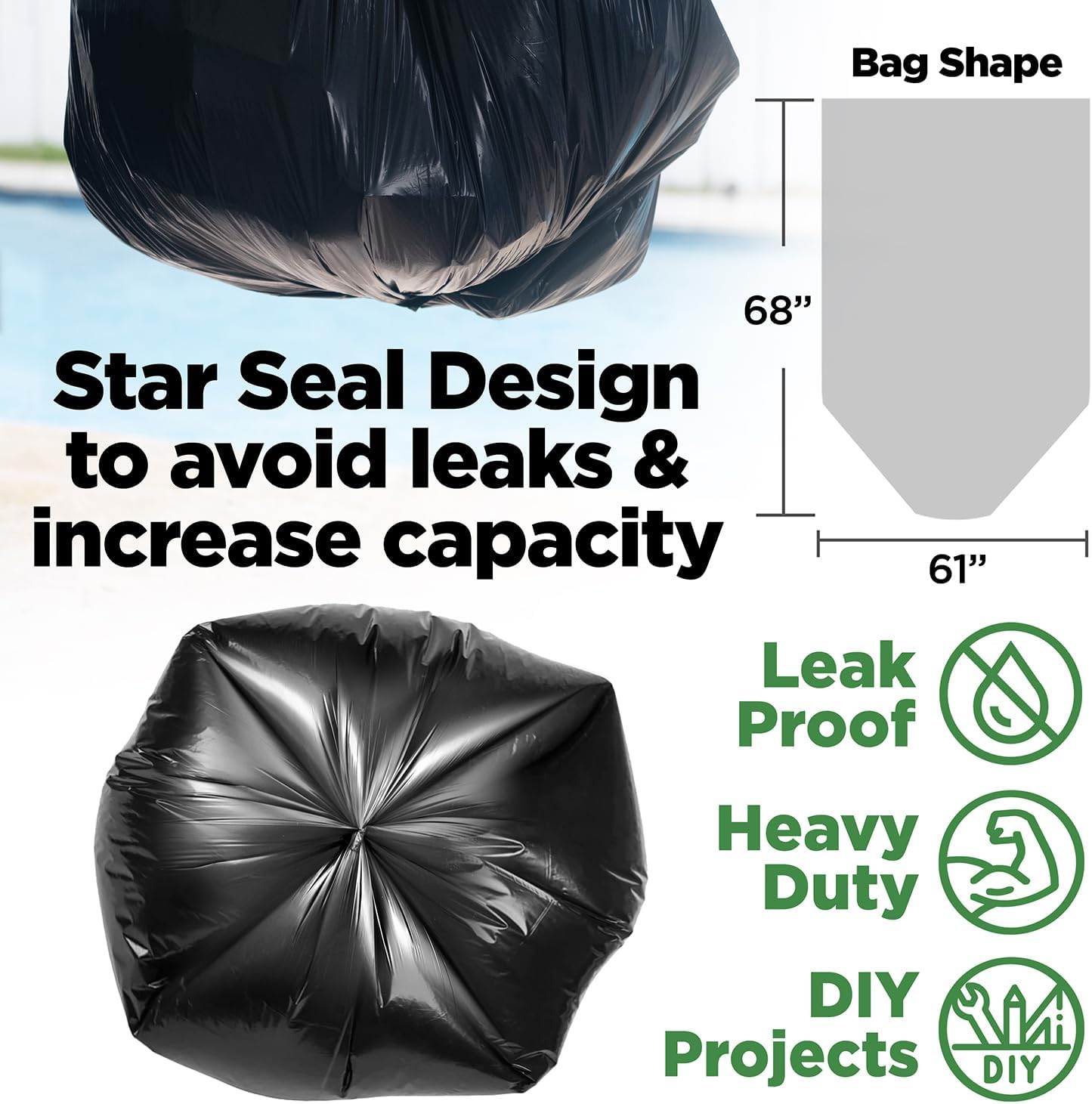 ToughBag 95-96 Gallon Trash Bags Heavy Duty, Black Garbage Bags (50 COUNT) Extra Large 90, 95, 96, 100 Gallon Can Liners - Made In USA