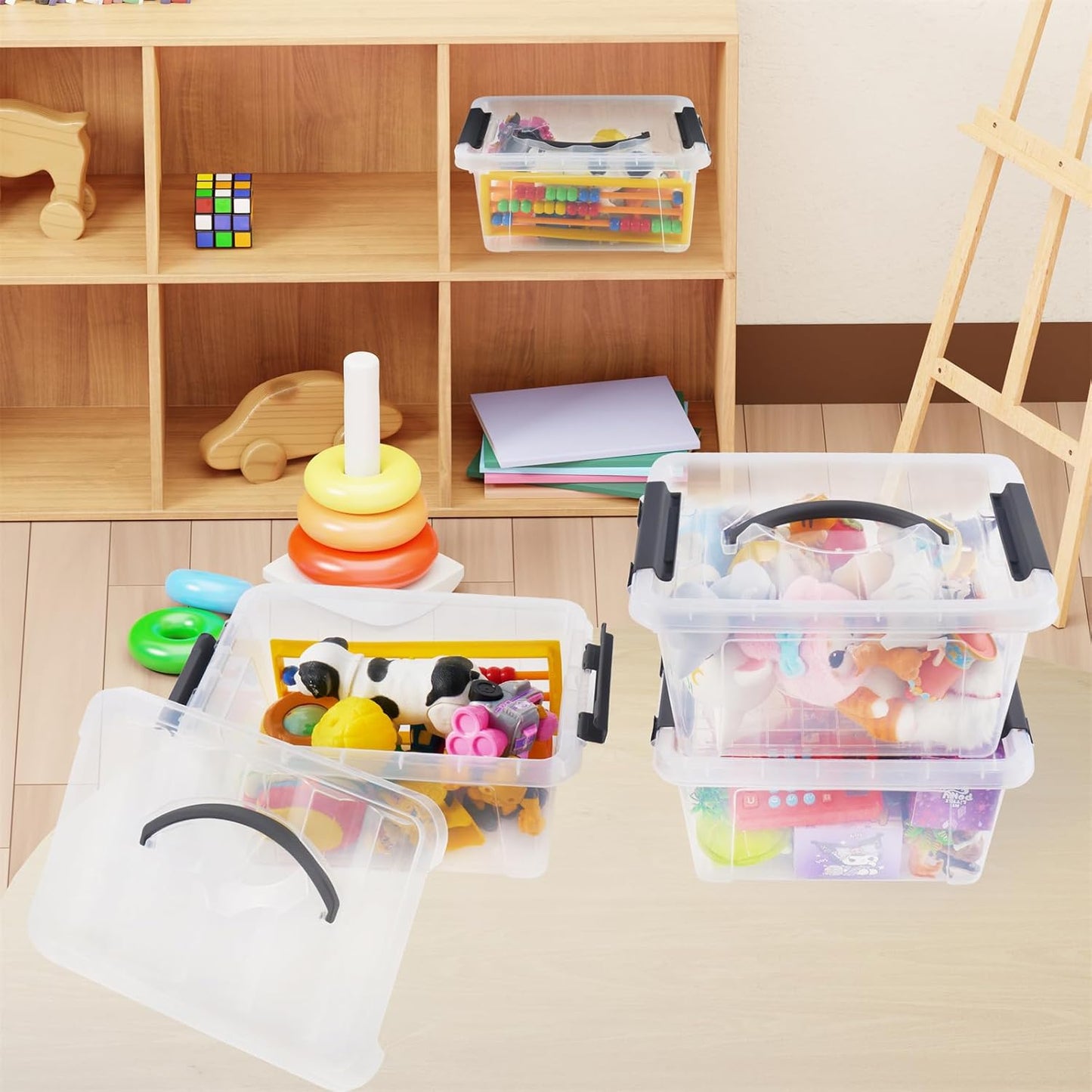 6 Quart Plastic Stackable Storage Latch Bins,Clear Latching Box with Handle and Lid,Pack of 6 (Black Handle)