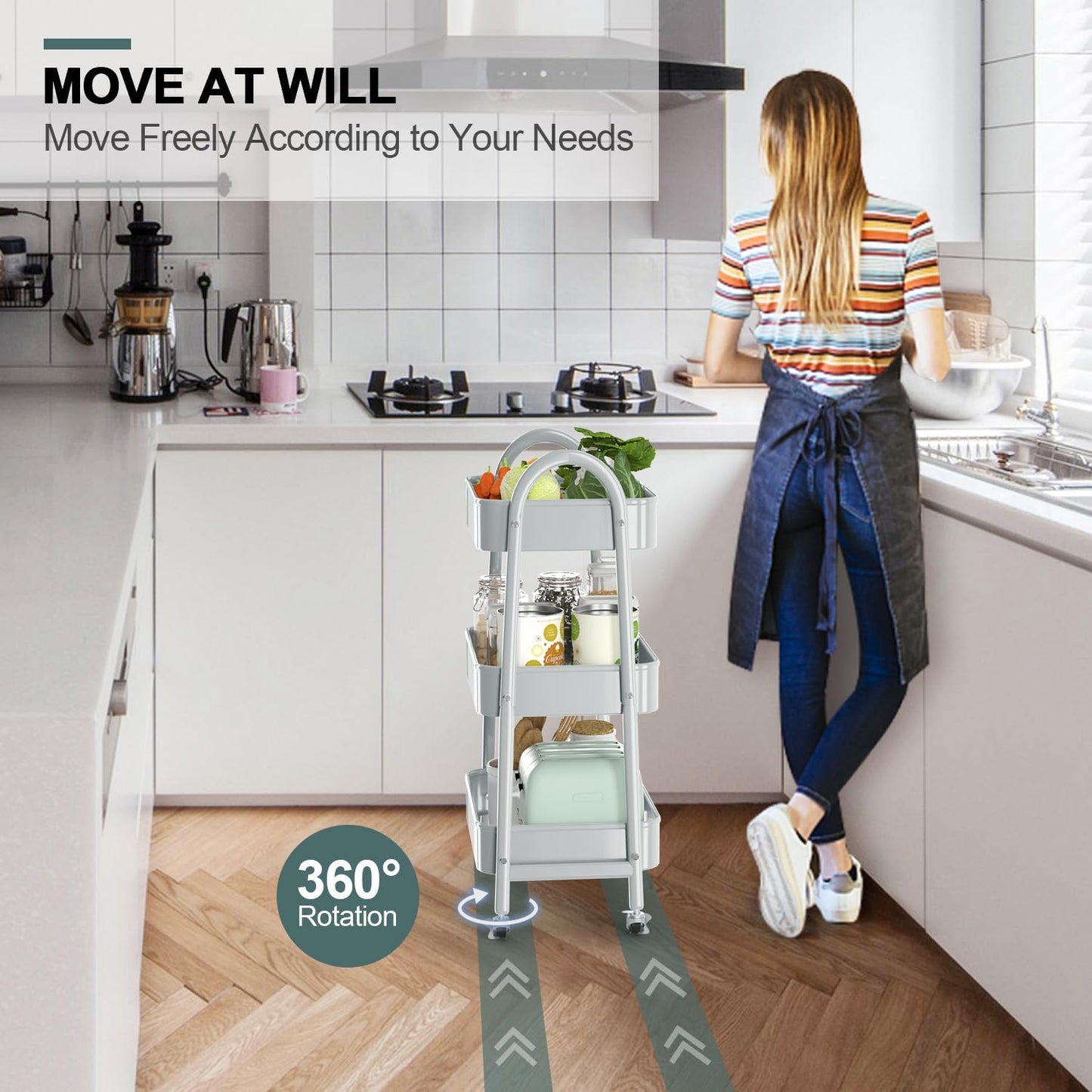 EAGMAK 3 Tier Utility Rolling Cart, Metal Storage Cart with Handle and Lockable Wheels, Multifunctional Storage Organizer Trolley with Mesh Baskets for Kitchen, Living Room, Office, Garage (Grey)