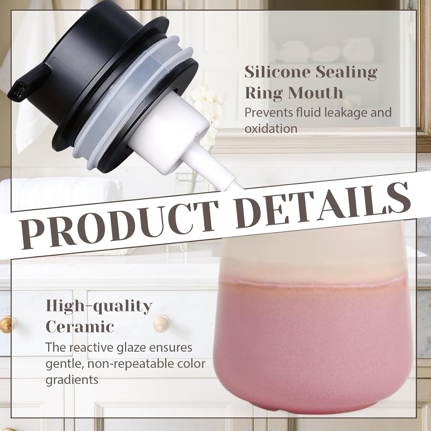 INGOFIN Ceramic Foaming Soap Dispenser - 12oz Foam Hand Soap Dispenser Bathroom, Refillable Modern Dish Dispenser with Pump for Kitchen, Beige and Pink