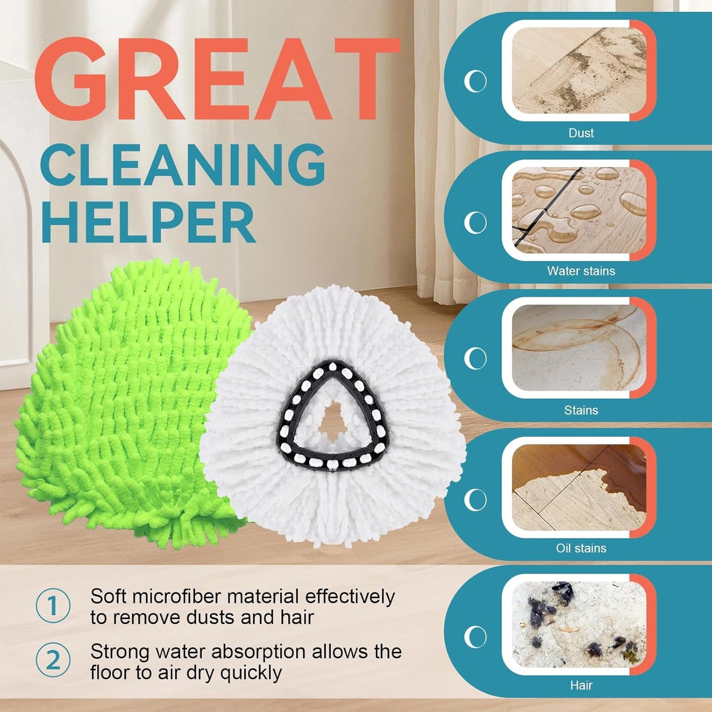 3 Pack Mop Replacment Heads for O-Ceda Mop Replace Head Spin Mop Heads Replacements, Microfiber Spin Mop Refills for Bath/Living Room Cleaning