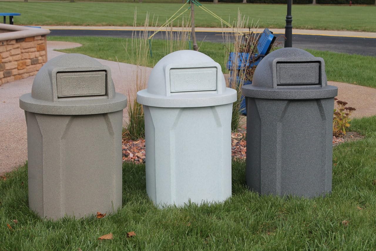 42 Gallon Circle 100% Recycled Plastic Heavy Duty Outdoor Commercial Trash Can with Push Open Dome Lid and Internal Liner | Great for Schools and Businesses - Light Granite