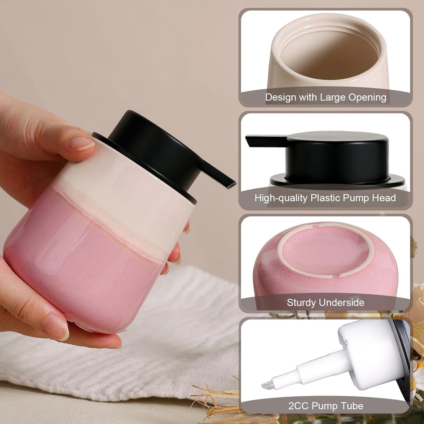 INGOFIN Ceramic Foaming Soap Dispenser - 12oz Foam Hand Soap Dispenser Bathroom, Refillable Modern Dish Dispenser with Pump for Kitchen, Beige and Pink