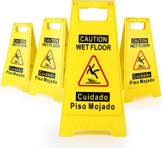 4-Pack Caution Wet Floor Sign,17.5" Height,Bright Yellow Double-Sided Folding A-Shaped Frame Design, Bilingual Caution Message