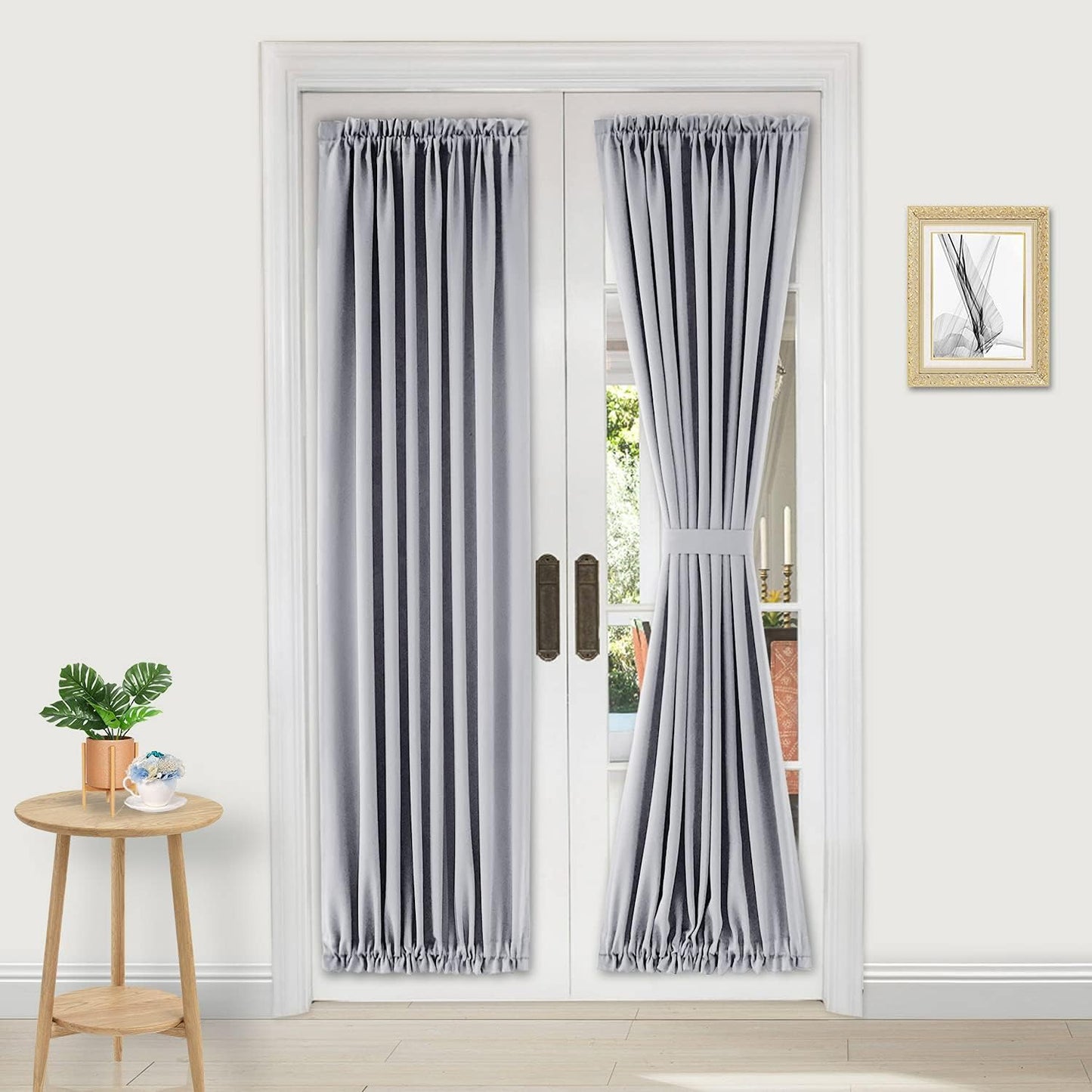 DWCN French Door Curtains – Rod Pocket Thermal Blackout Curtain for Doors with Glass Window, Kitchen and Patio Doors for Privacy, 23 X 72 Inches Long, 1 Curtain Panel with Tieback，Silver Grey