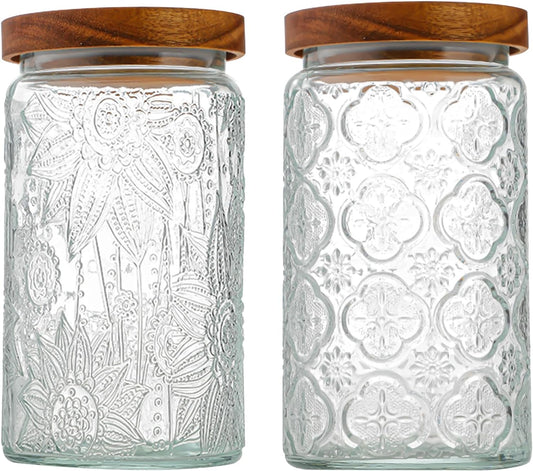 34 OZ/2 PCS Glass Storage Jar with Airtight Bamboo Wooden Lids, Vintage Food Containers Canisters Sets for Kitchen Counter Pantry, Sugar, Flour, Candy, Tea, Coffee Beans, Oats, Grain Bin, Pasta,