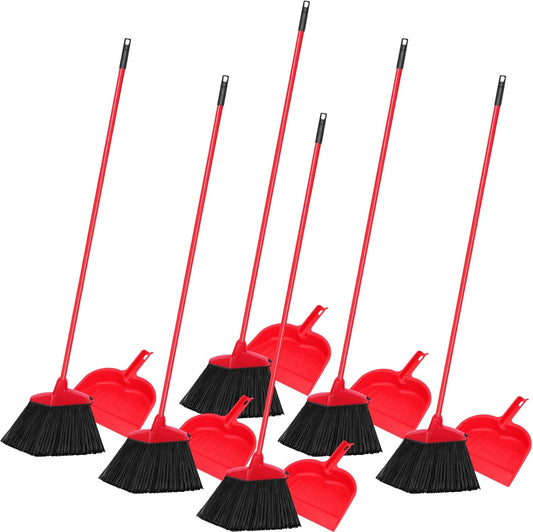 Maxcheck 6 Pcs Broom and Dustpan Set 54 Inch Heavy Duty Indoor Brooms with Dust Pan Combo Bulk for Commercial Shop Angle Home Office Lobby Kitchen(Red)