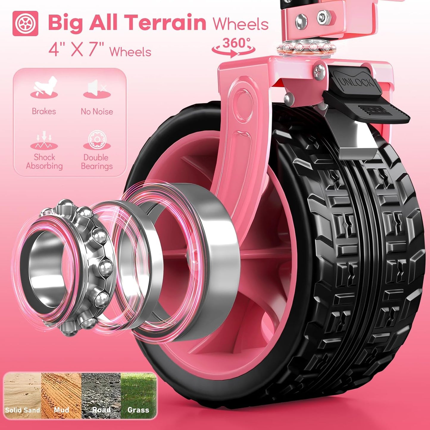 220L Collapsible Wagon Cart Foldable, 460lbs Load Capacity Heavy Duty Folding Beach Wagons with Big All-Terrain Wheels, Utility Carts for Groceries, Camping, Sports - Pink