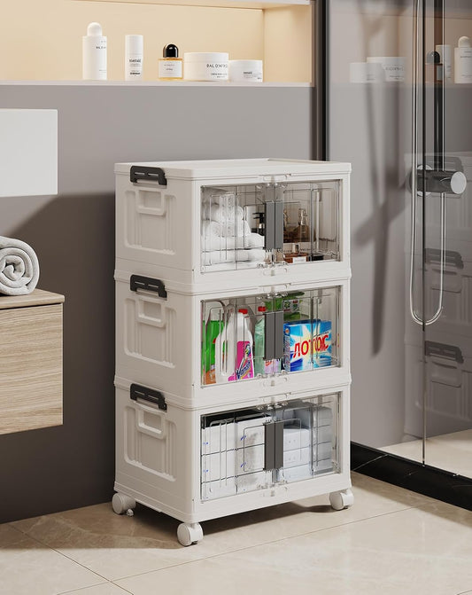 OlarHike 23QT Stackable Storage Bins with Lids - Folding Storage Box with Doors and Wheels, Collapsible Plastic Storage Bins for Closets and Organization, 3 Pack Cubes