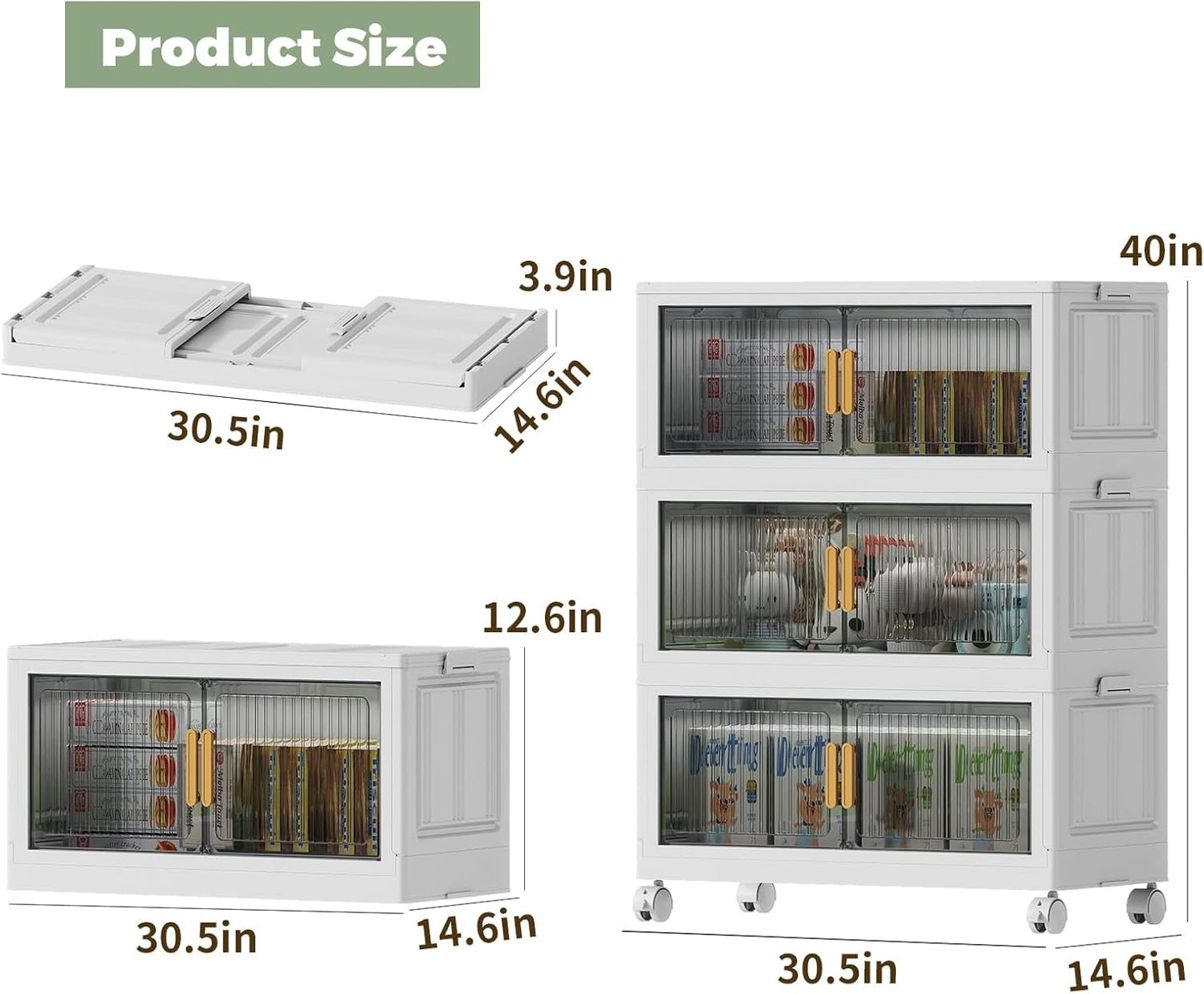 77Gal Stackable Plastic Storage Bins with Lids, Collapsible Closet Organizers and Storage with Wheels for Living Room,Office,Dorm, 30.5" W x 14.6" D x 40" H, 3 Tier