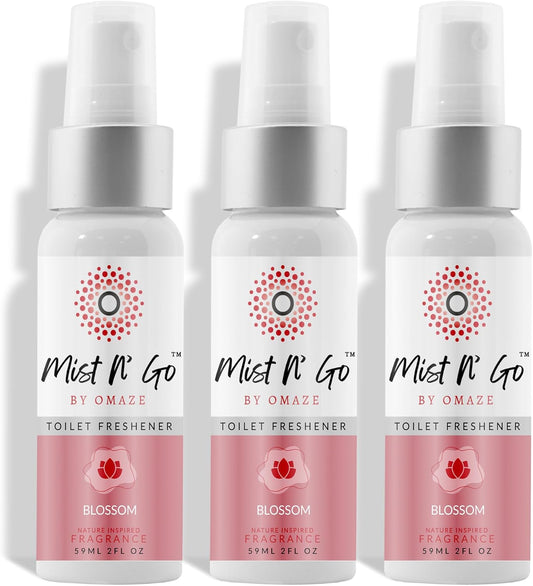 Mist N’ Go by Omaze Travel Bathroom Spray for Toilet Spray Odor Eliminator - Travel Toilet Spray for Bathroom Air Freshener Spray for Bathroom Deodorizer - Blossom Regular Size (2oz x3)
