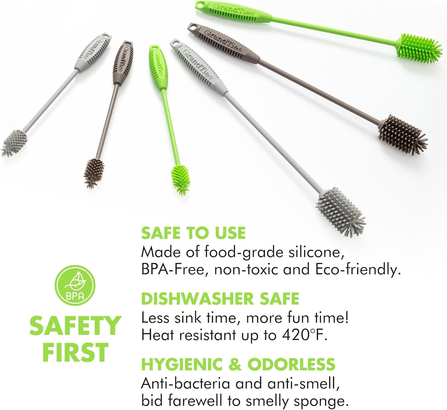 GrandTies Silicone Cleaning Brush Set | Extra Long Brush for Narrow Neck, Water Bottle, Cup, Mug, Blender, Tumbler, Hydro Flask, Baby Bottle, Wine Glass (Fresh Mint)