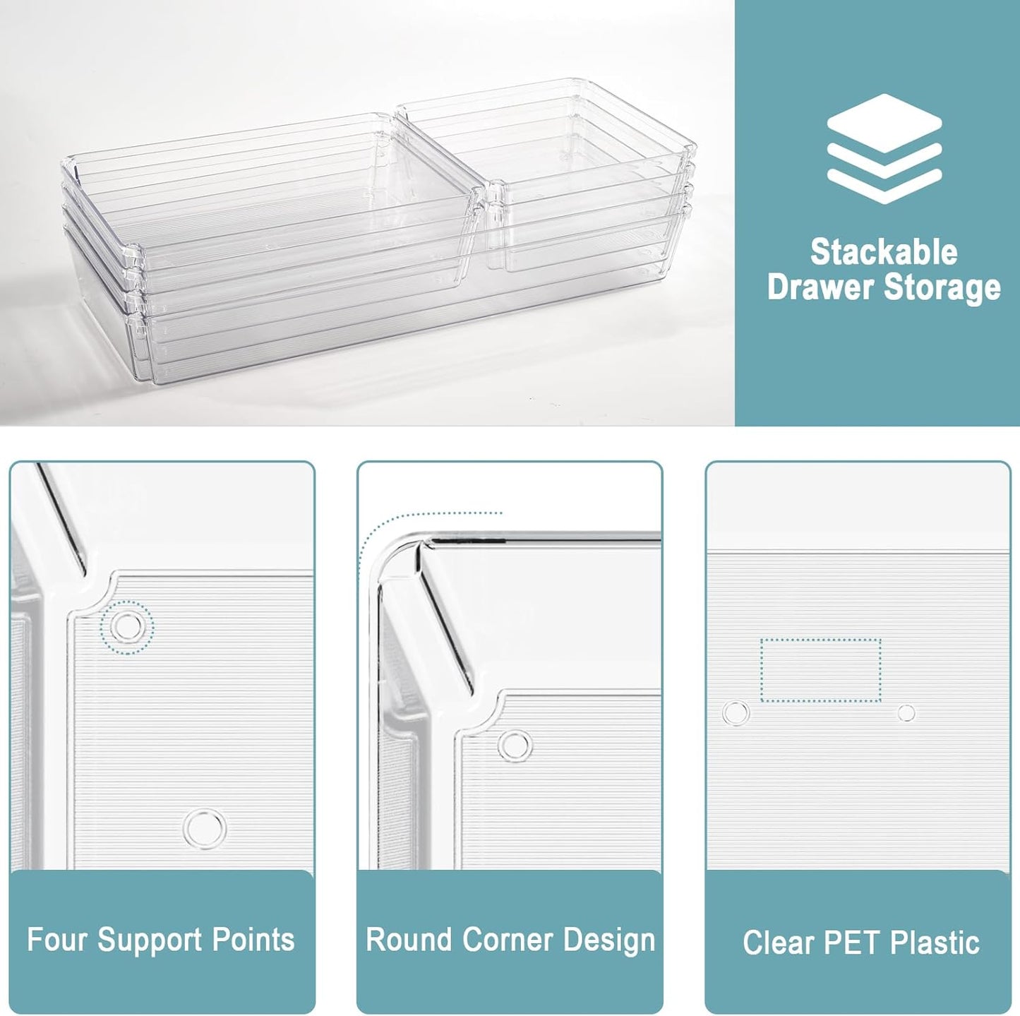 6 Pack Large Clear Plastic Drawer Organizer Trays, Desk Drawer Organizers and Storage Dividers, Non-Slip Storage Bins for Jewelry, Snacks, Office, Bathroom, Bedroom and Kitchen