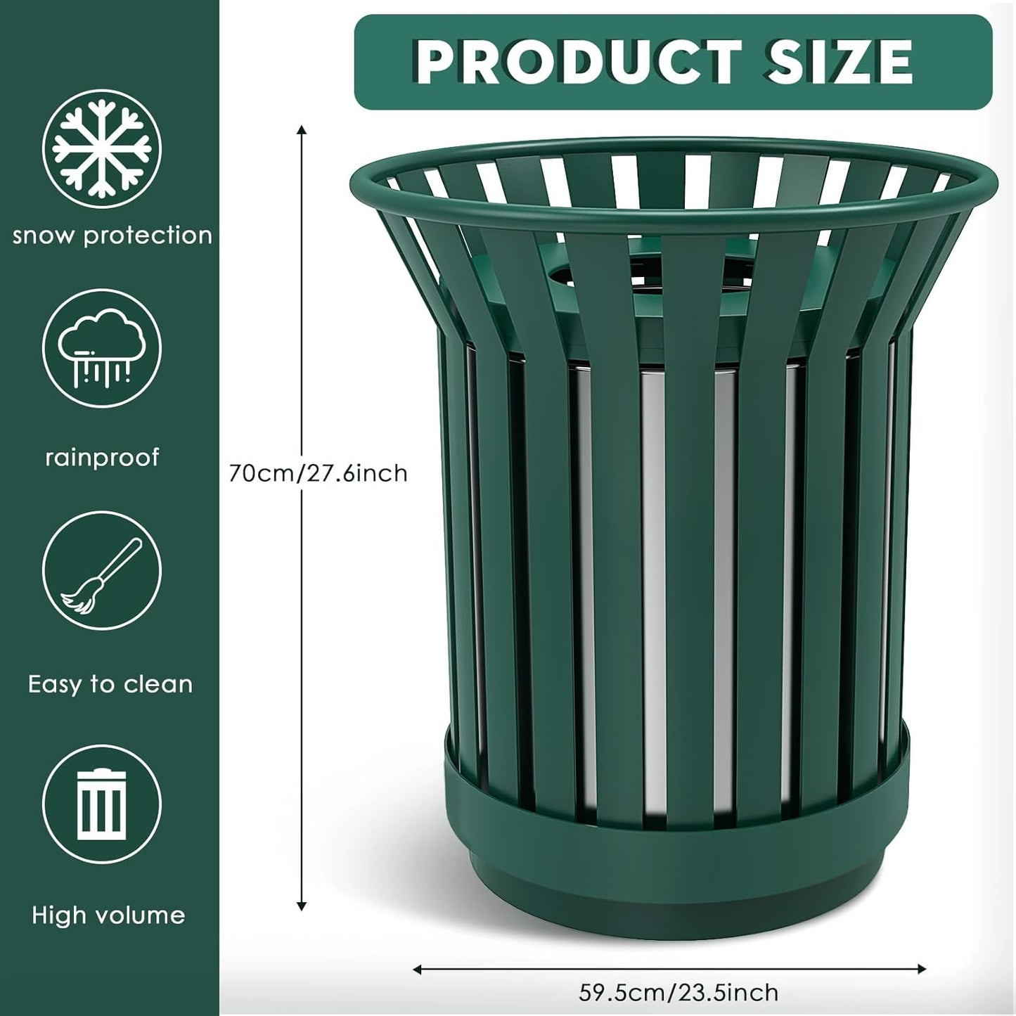 27.6IN Round Large Outdoor Trash Can, Heavy Duty Metal Slatted Garbage Can Outdoor, All Weather Resistant Commercial Garbage Cans, Waste Receptacle in Park, School, Beach, Patio, Green