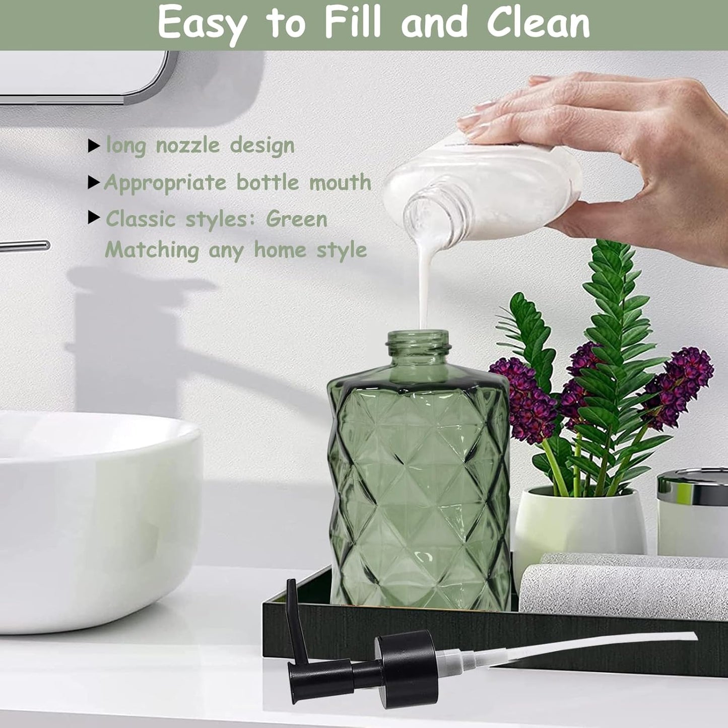 Green Glass Soap Dispenser, 12oz Bathroom Hand Dispenser, Lotion Dispenser with Black Plastic Pump for Modern Home Decor, Kitchen Countertop, Hotel
