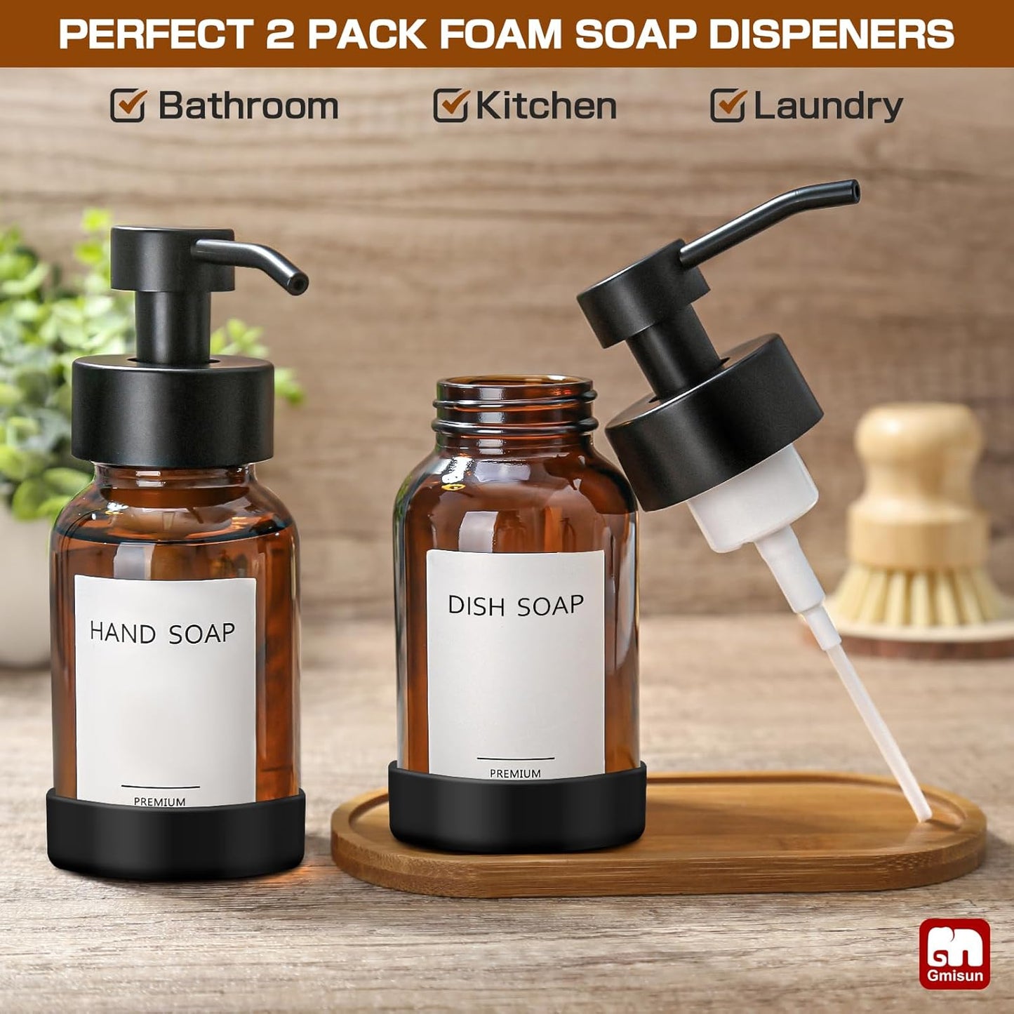 GMISUN Amber Foam Soap Dispenser, 8.5 Fl oz Amber Glass Foaming Hand Soap Dispenser for Bathroom & Kitchen, 2 Pcs Modern Refillable Foaming Soap Dispensers, Foam Pump Bottle with Label & Silicone Boot