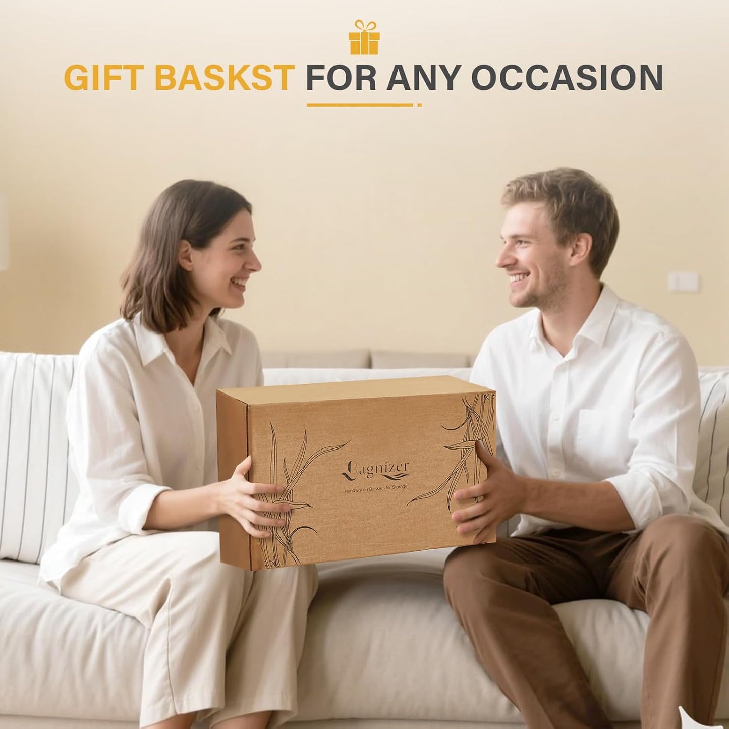 Water Hyacinth Wicker Basket, Decorative Woven Baskets with Built-in Handles, Hand-woven Storage Organizer for Organizing Pantry, Livingroom, Bedroom, Shelves, Toilet(2-PACK, Brown)