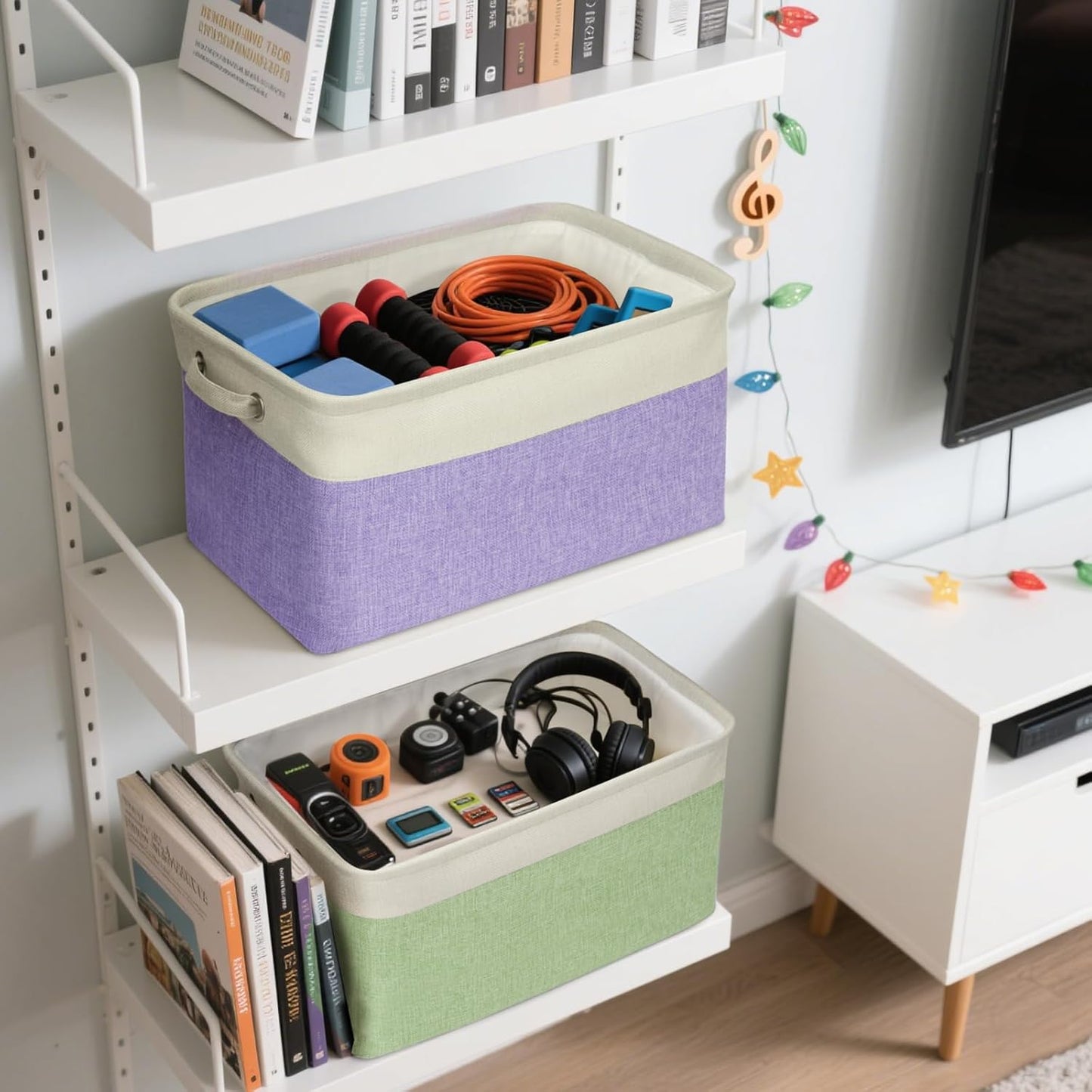 BALEINE 3 Pack Fabric Storage Bins for Shelves, Linen Storage Baskets for Organizing, Decorative Closet Bins for Clothes, Home (Lavender, 15''x11''x9.5'')