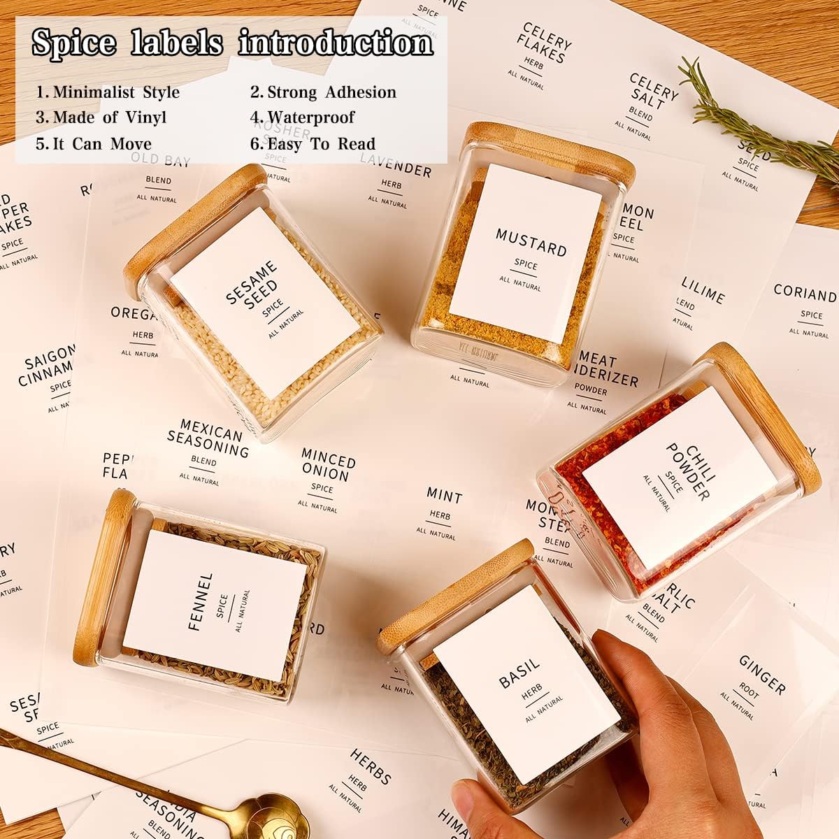 12 Pcs Square Glass Spice Jars with Natural Bamboo Lids - 5oz Airtight Herb Containers with 148 Waterproof Minimalist Spice Labels Preprinted - Empty Small Seasoning Jars for Kitchen Pantry