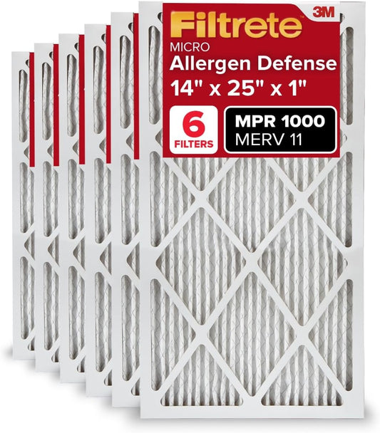 Filtrete 14x25x1 AC Furnace Air Filter, MERV 11, MPR 1000, Micro Allergen Defense, 3-Month Pleated 1-Inch Electrostatic Air Cleaning Filter, 6 Pack (Actual Size 13.81x24.81x0.81 in)